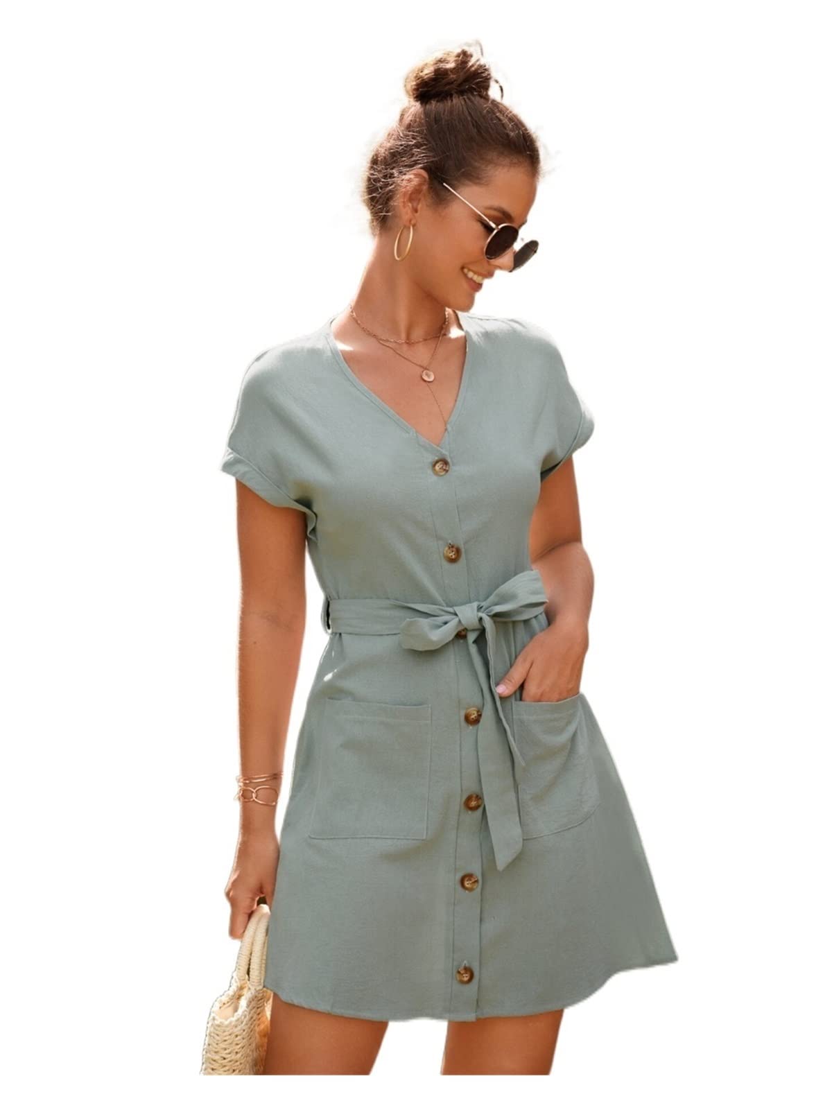 TINMIIR Women's Summer V-Neck Batwing Sleeve Tunic Dress with Belt & Pockets - Mint Green, X-Large - Perfect for Beach Vacation, Casual Outings & Summer Parties
