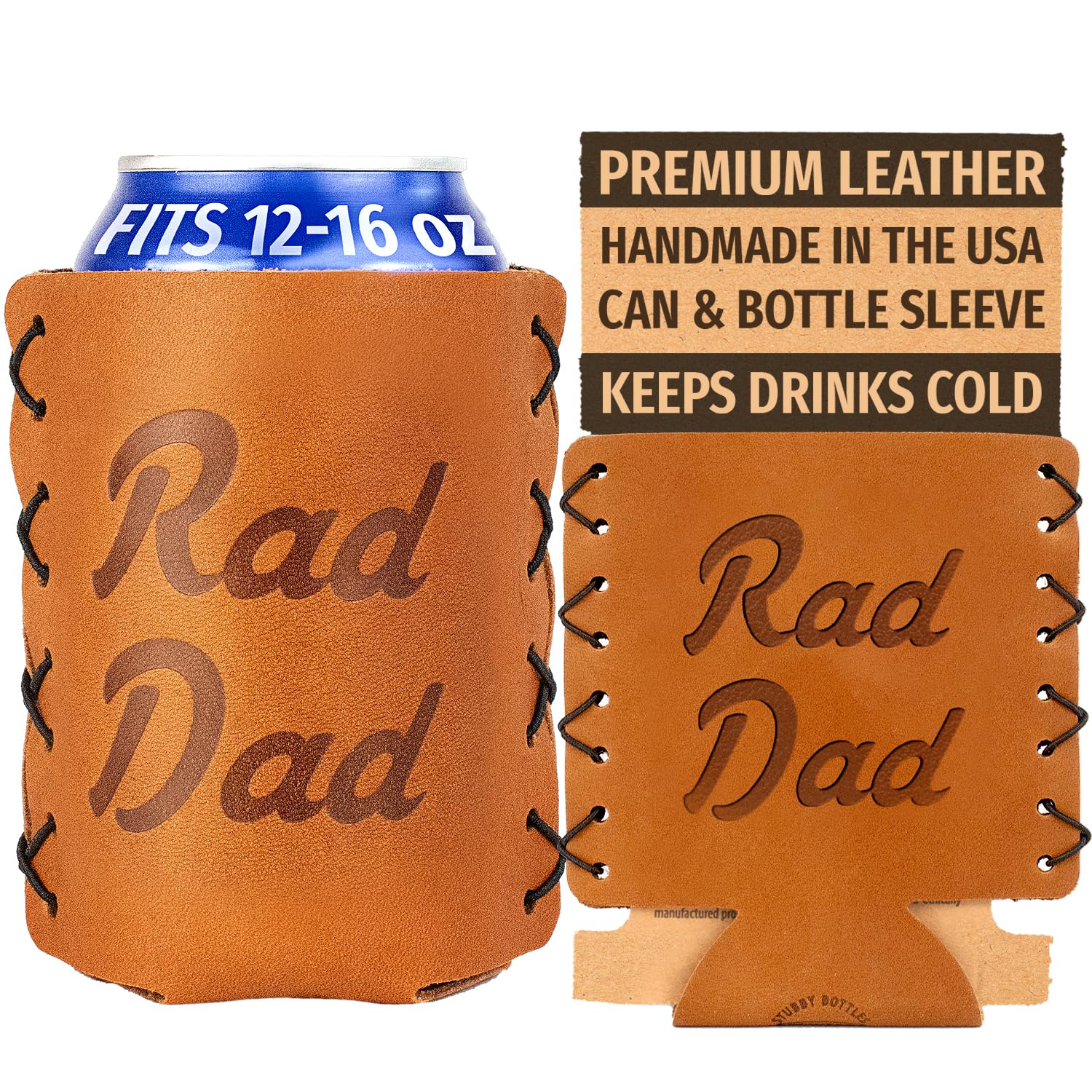 Premium Genuine Leather Can Holder Sleeve for 12-16oz Cans | Insulated Beer, Soda & Seltzer Cooler | USA Made Unisex Gift for Dad, Men & Women | Perfect for Camping, BBQs, Parties & Outdoor Adventures