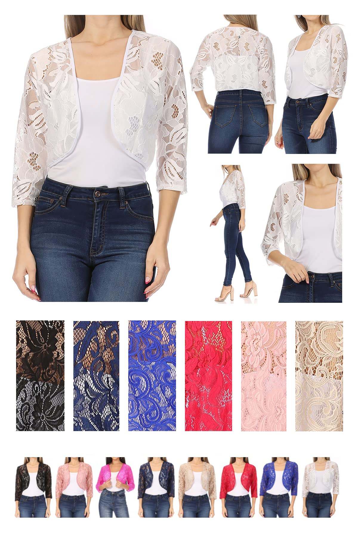 Women's Lace Bolero Crochet Cardigan - 3/4 Sleeve Sheer Cover Up Jacket for Summer Beach Wedding Party Outfit