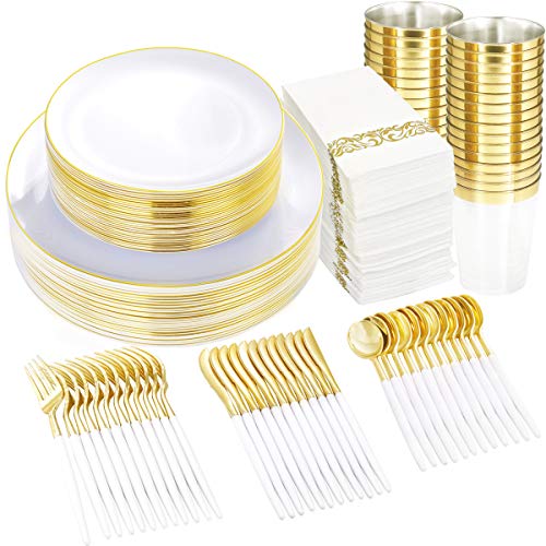 350pcs White and Gold Plastic Dinnerware Set