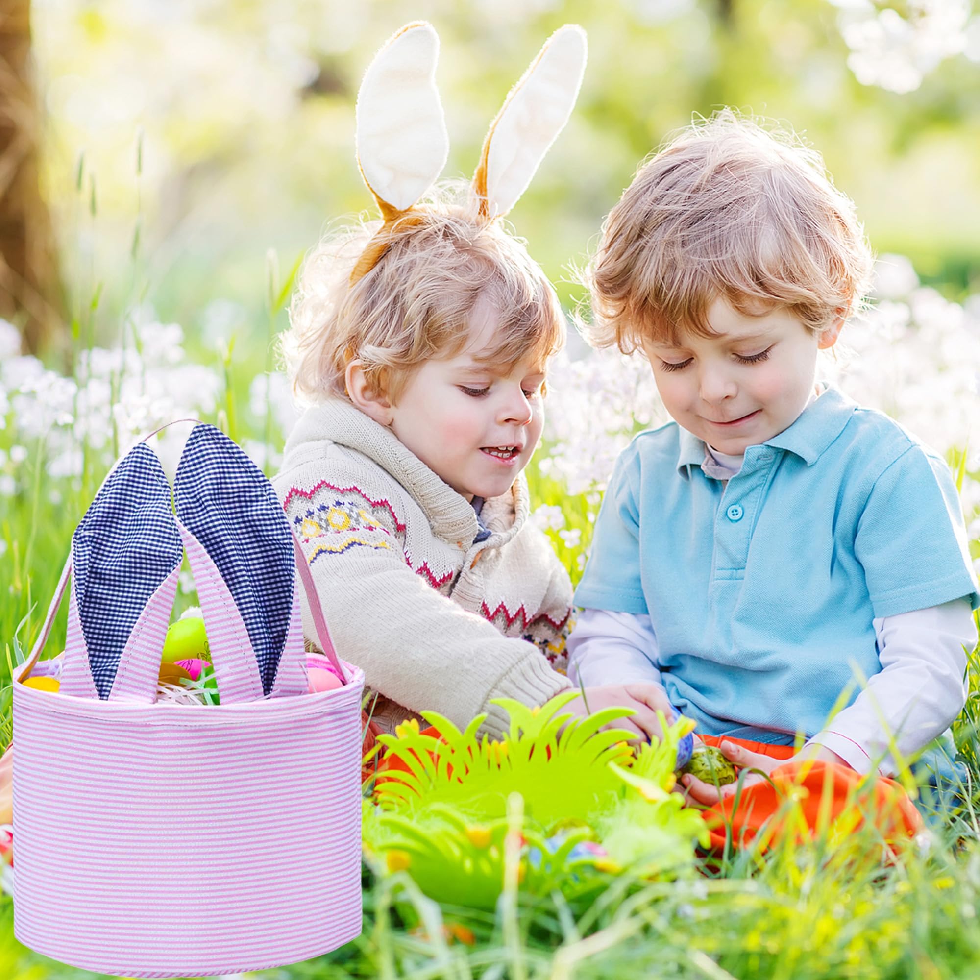 Personalized Easter Bunny Basket - Seersucker Egg Candy Bag with Fluffy Tail for Kids (Pink) - Perfect for Easter Egg Hunts, Party Favors & Spring Gift Giving