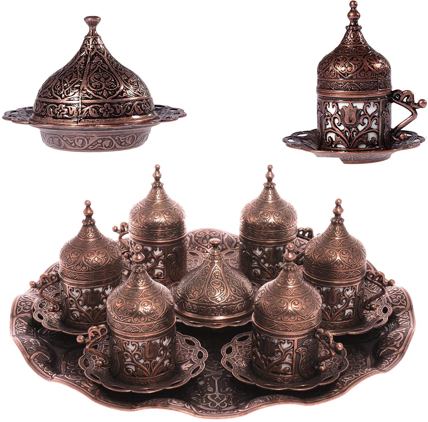 Premium 6-Piece Turkish Coffee Cup Set with Saucers & Lids - Ottoman Tulip Design (Copper/Lale/Multi-Color) - Perfect for Home Brewing, Gift Giving & Traditional Coffee Ceremonies