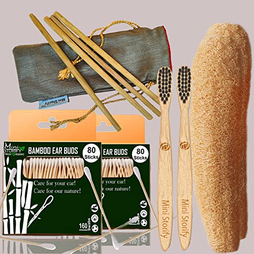 Eco-Friendly Bamboo Cotton Swabs (80 Count) & Kids Bamboo Toothbrushes (2 Pack) for Oral Care | Natural Loofah Sponge Body Scrubber & Reusable Bamboo Straws (8 Inch, 10 Pack) - Perfect for Sustainable Bathroom Essentials, Travel Hygiene Kits & Zero-Waste Lifestyle