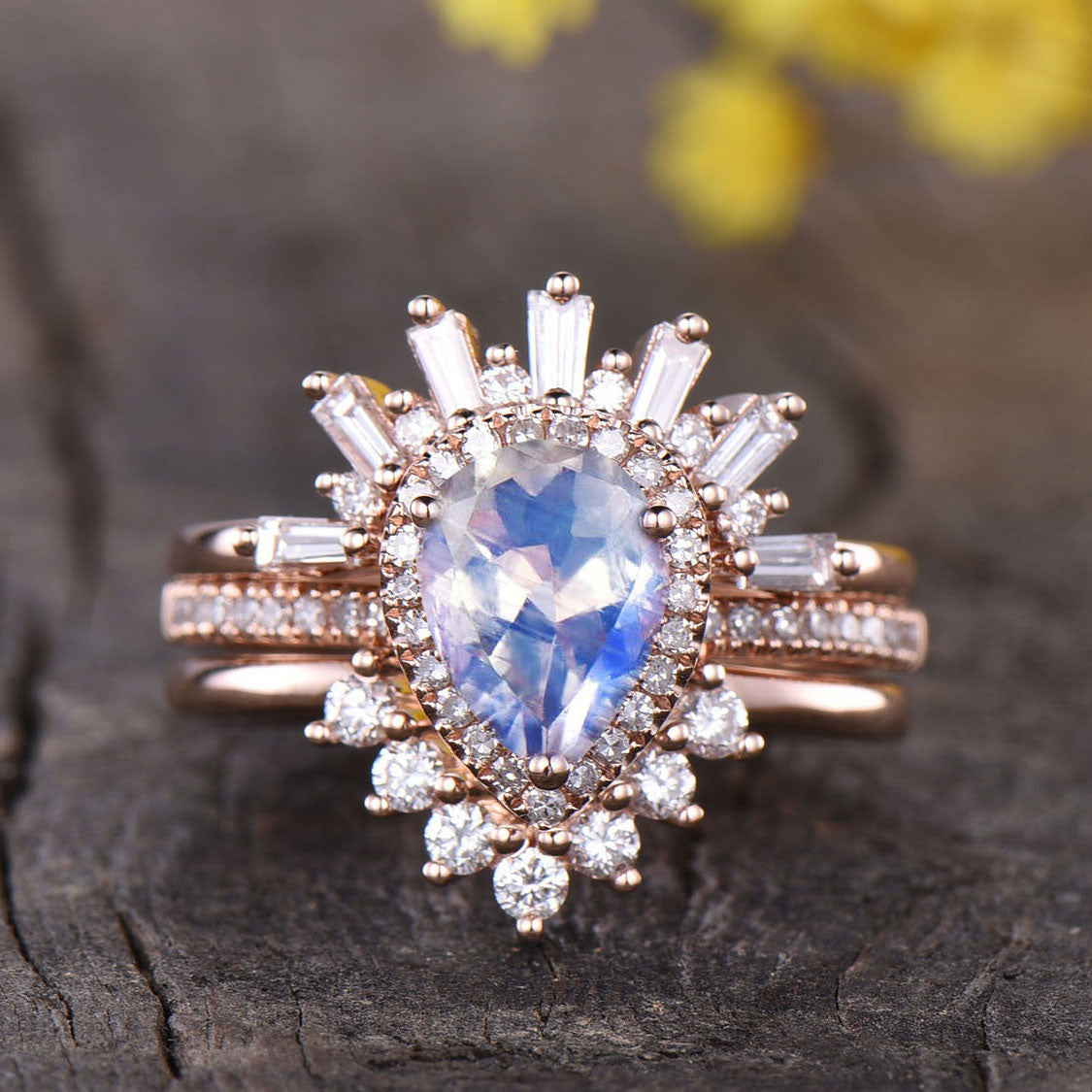 Vintage Pear Shaped Rainbow Moonstone Engagement Ring & Wedding Band Set - Elegant Bridal Jewelry for Proposals, Anniversaries & Special Occasions