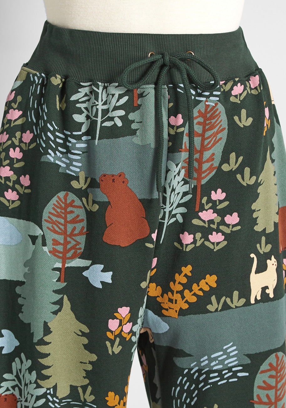 Forest Friends Jogger Pants for Women - Soft Cotton Lounge Pants with Cute Animal Print - Perfect for Yoga, Running Errands & Relaxing at Home