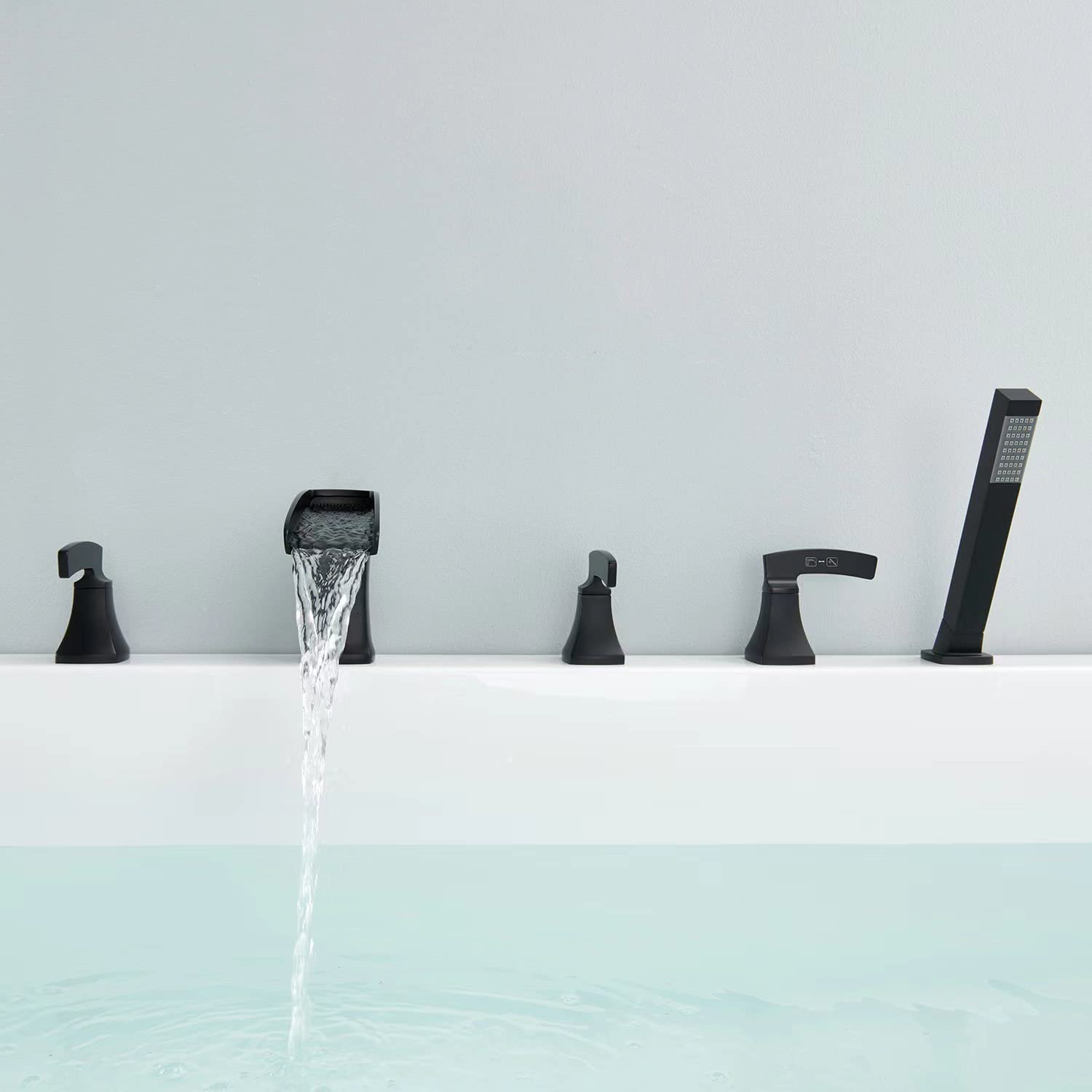 Black Roman Tub Faucet Waterfall Deck Mount Bathtub Filler - 5 Hole Brass Bathroom Faucet with Hand Shower for Luxury Spa Experience | Perfect for Master Bathrooms & Freestanding Tubs