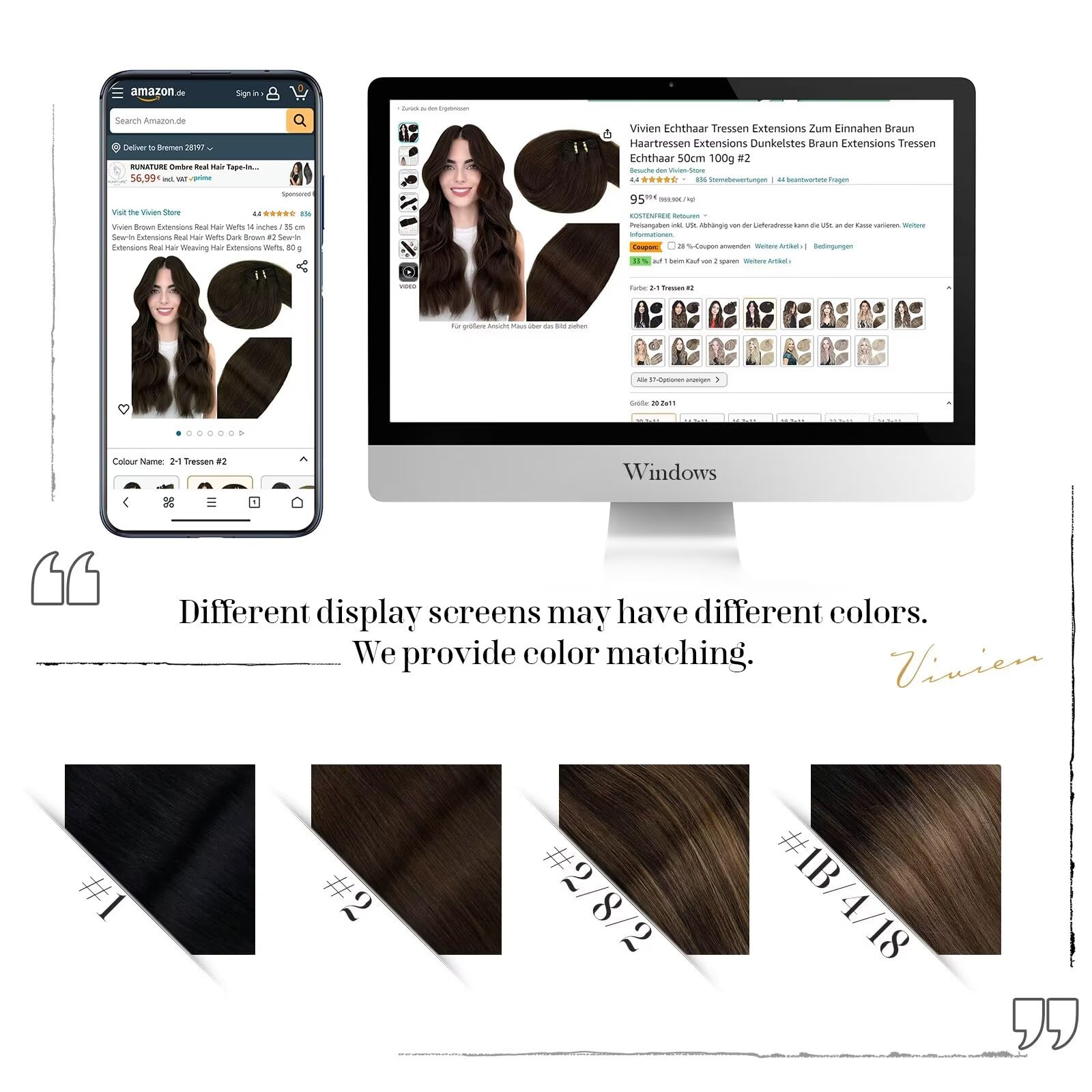 Vivien Real Human Hair Extensions 18 Inch Dark Brown Straight Sew-In Weft 100G for Women - Full Head Thick Natural Hair for Daily Styling & Special Occasions