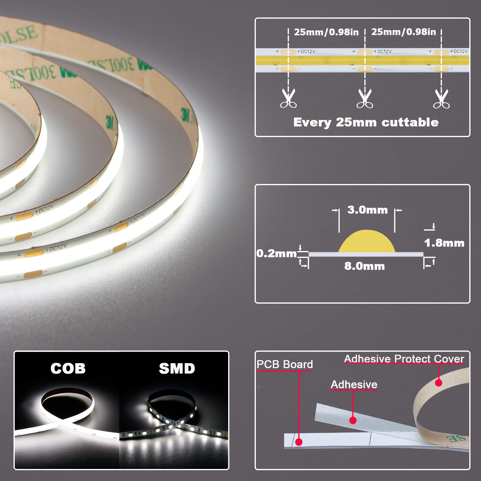 YUNBO 12V COB LED Strip Lights 5000K Daylight White - 480LEDs/M Super Bright 4000lm, CRI 93+, 16.4ft/5M Flexible Cuttable LED Tape Light - Dotless High Density IP20 for Indoor Cabinet, Kitchen, Bedroom, Home DIY Lighting Projects