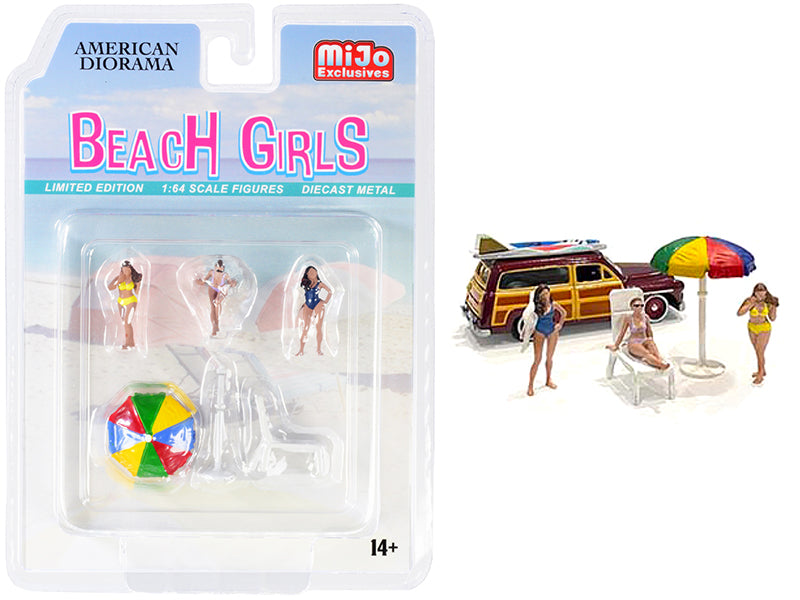 1/64 Scale Beach Girls 5-Piece Diecast Set with 3 Figurines, Chaise & Umbrella - American Diorama Miniature Collectibles for Model Scenes, Diorama Displays & Toy Photography