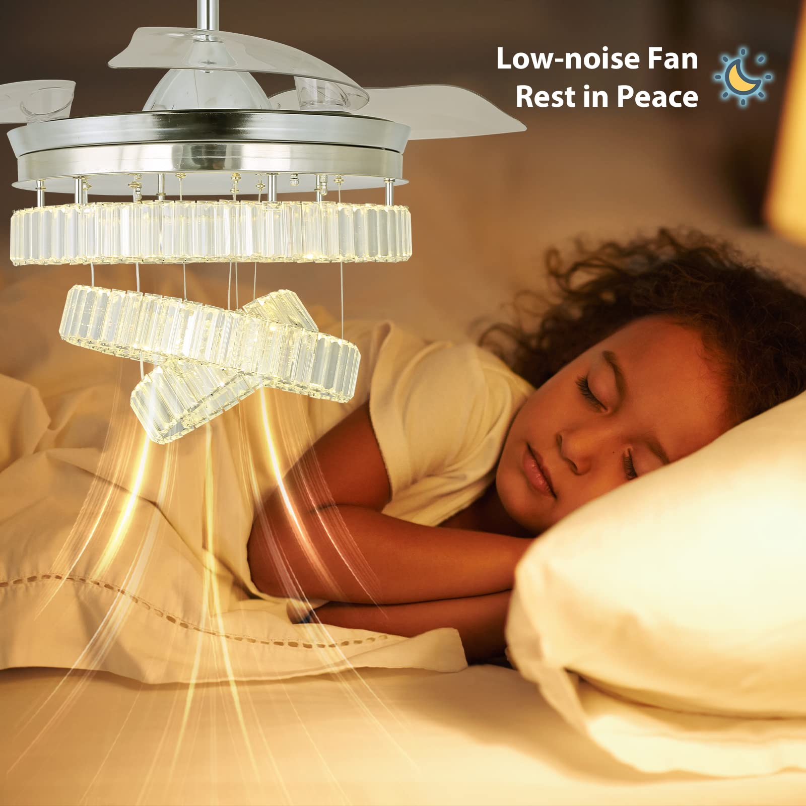 CXGLEAMING 42-Inch Modern Crystal Ceiling Fan with LED Lights & Dimmable Chandelier - 3 Ring Crystal Fandelier, 6-Speed Flush Mount Fan for Living Room, Bedroom, Dining Room - Perfect for Home Decor & Air Circulation