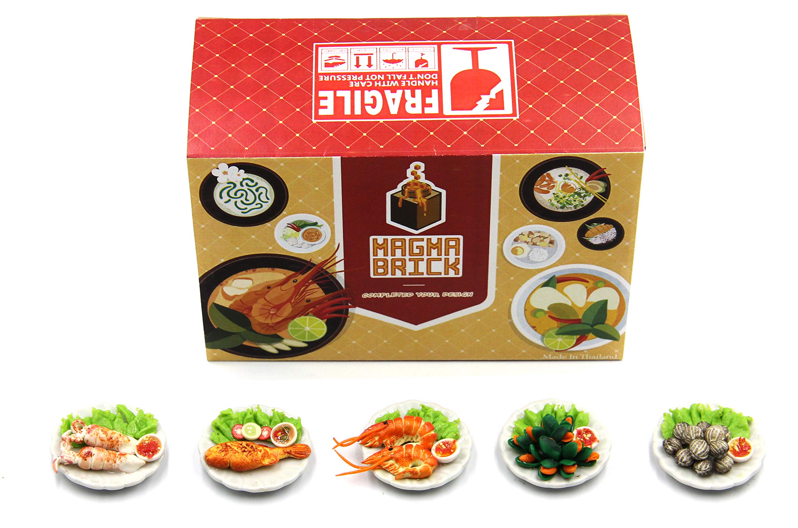Magma Brick 5-Piece Assorted Miniature Dollhouse Food Set - Tiny Collectible Seafood Grilled Items for DIY Scenes, Model Displays & Gift Giving