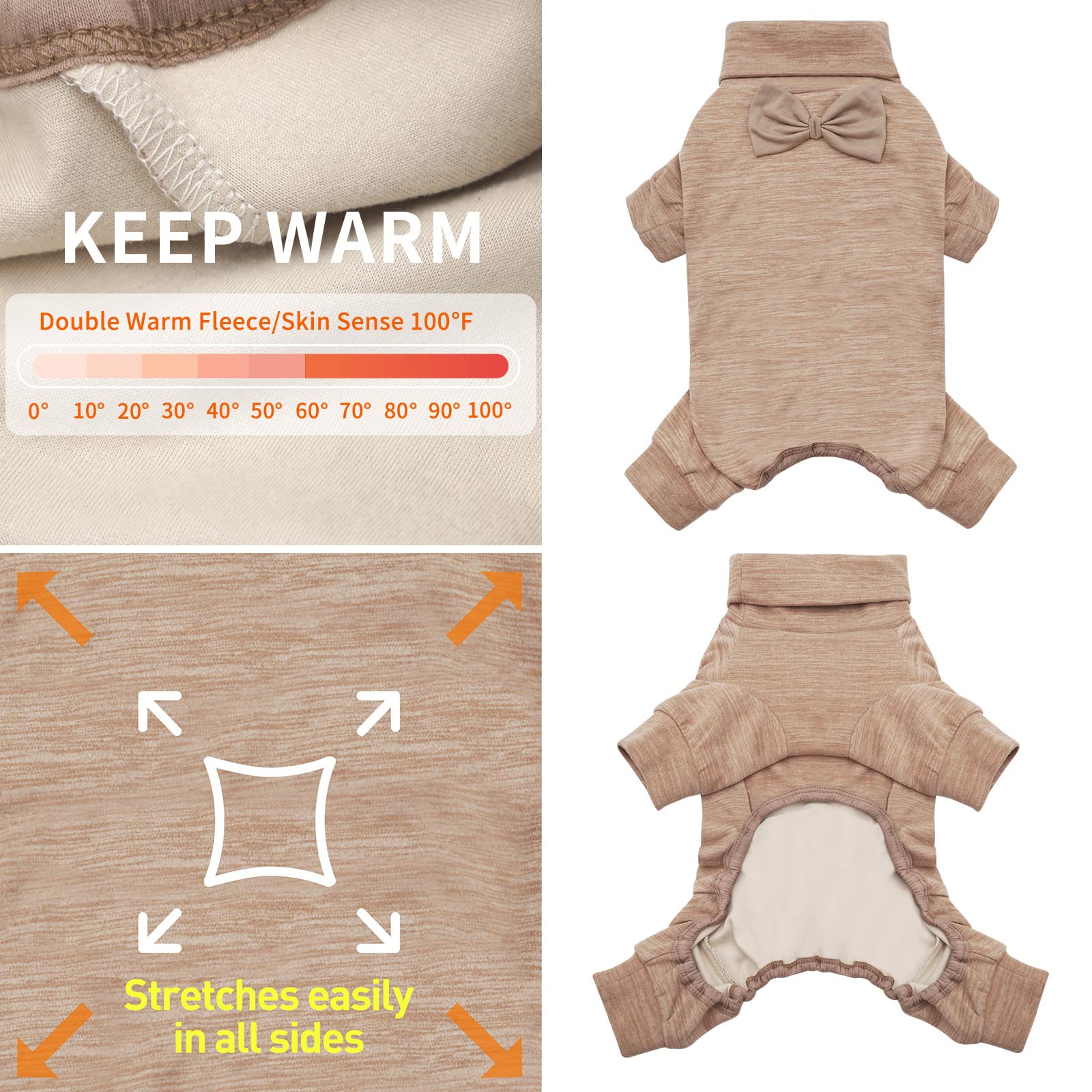 KYEESE Warm Dog Pajamas for Small Dogs - Soft Stretchy Turtleneck Dog Sweater with Bowtie | Cozy Winter Dog Onesie for Cold Weather | Perfect for Indoor Lounging & Outdoor Walks (Khaki, Small)