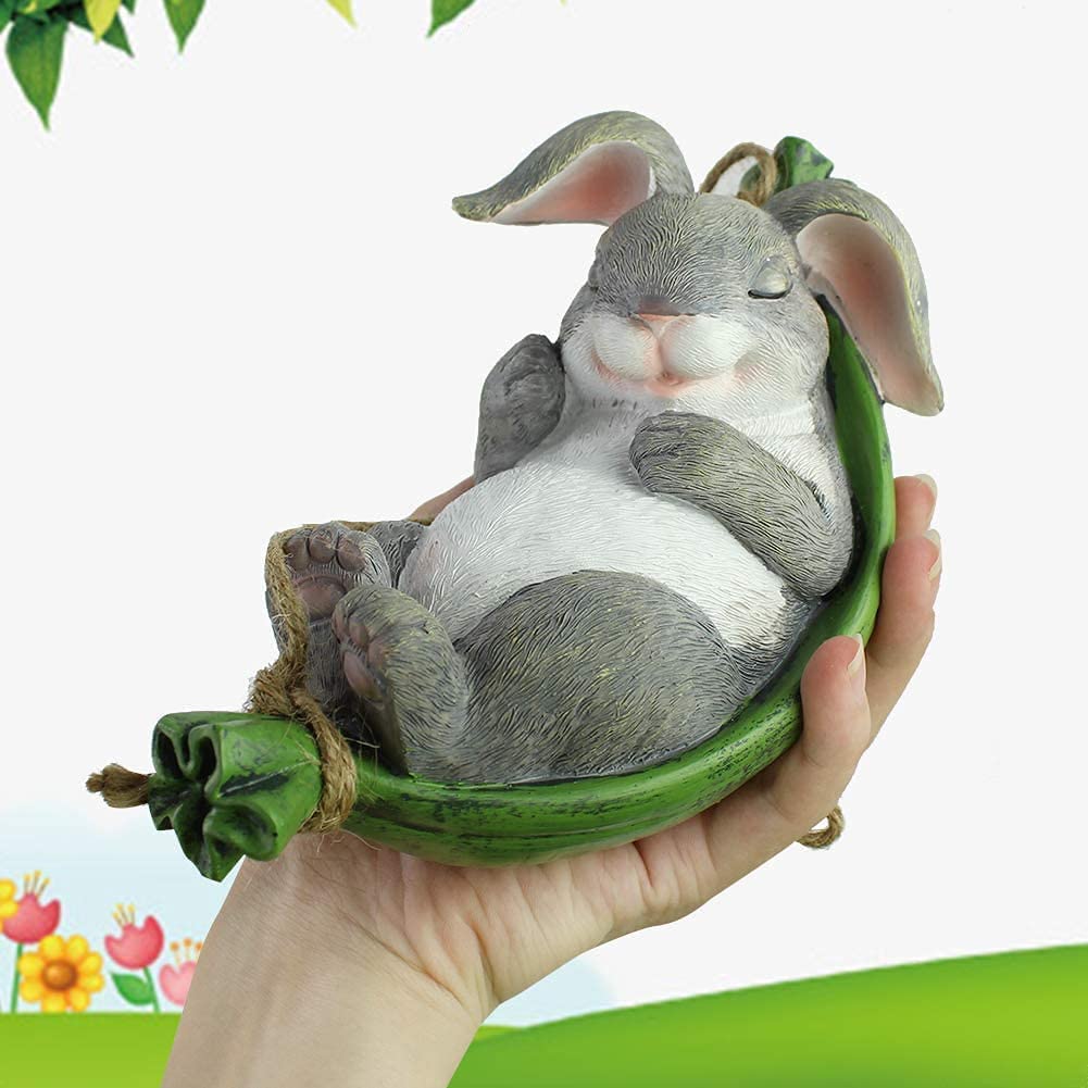 Funny Outdoor Hanging Rabbit Statues - Small Animal Garden Sculpture & Fairy Garden Decor - Swinging Rabbit Leaf Hammock for Lawn, Patio, Yard Decoration - Perfect for Backyard Parties & Spring Garden Themes