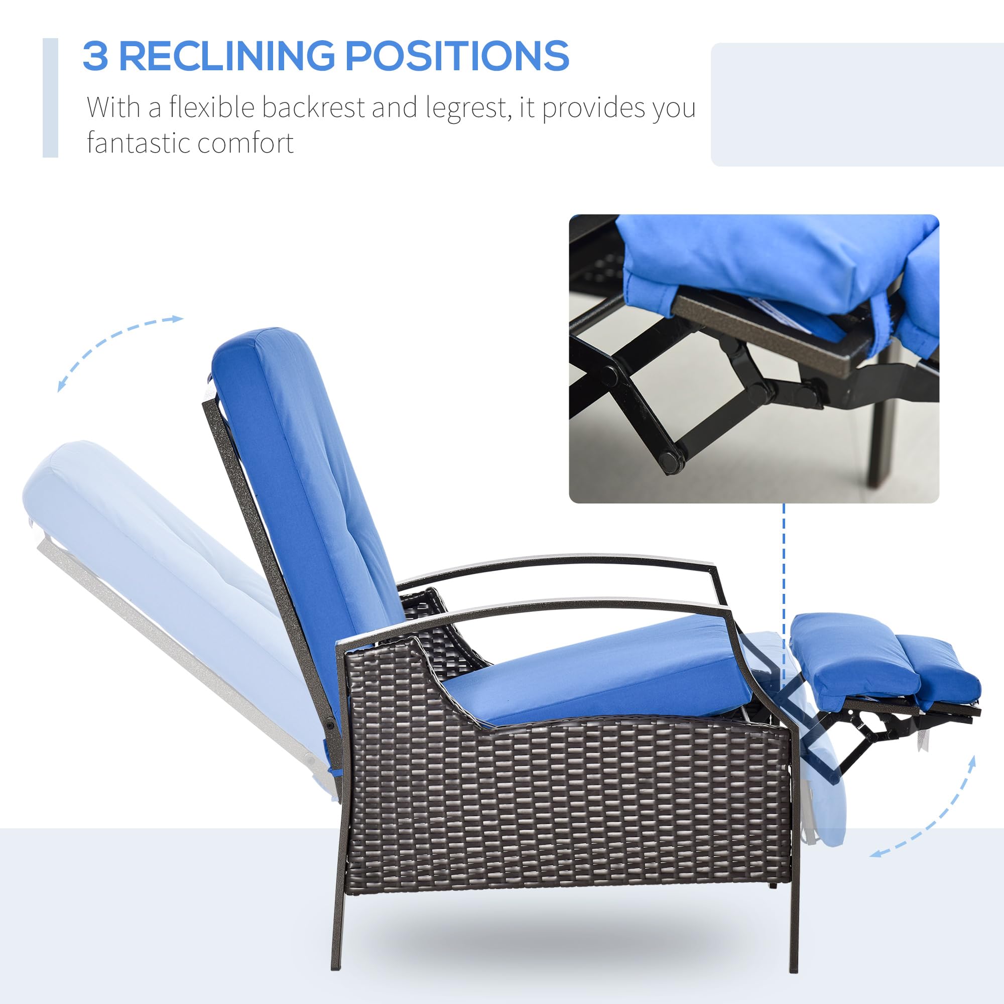 Outsunny Outdoor Recliner Chair - Adjustable Patio Lounge Chair with Comfortable Cushions, Footrest & Armrests - PE Wicker Furniture for Balcony, Porch, Backyard - Perfect for Relaxing, Sunbathing & Outdoor Lounging (Blue)