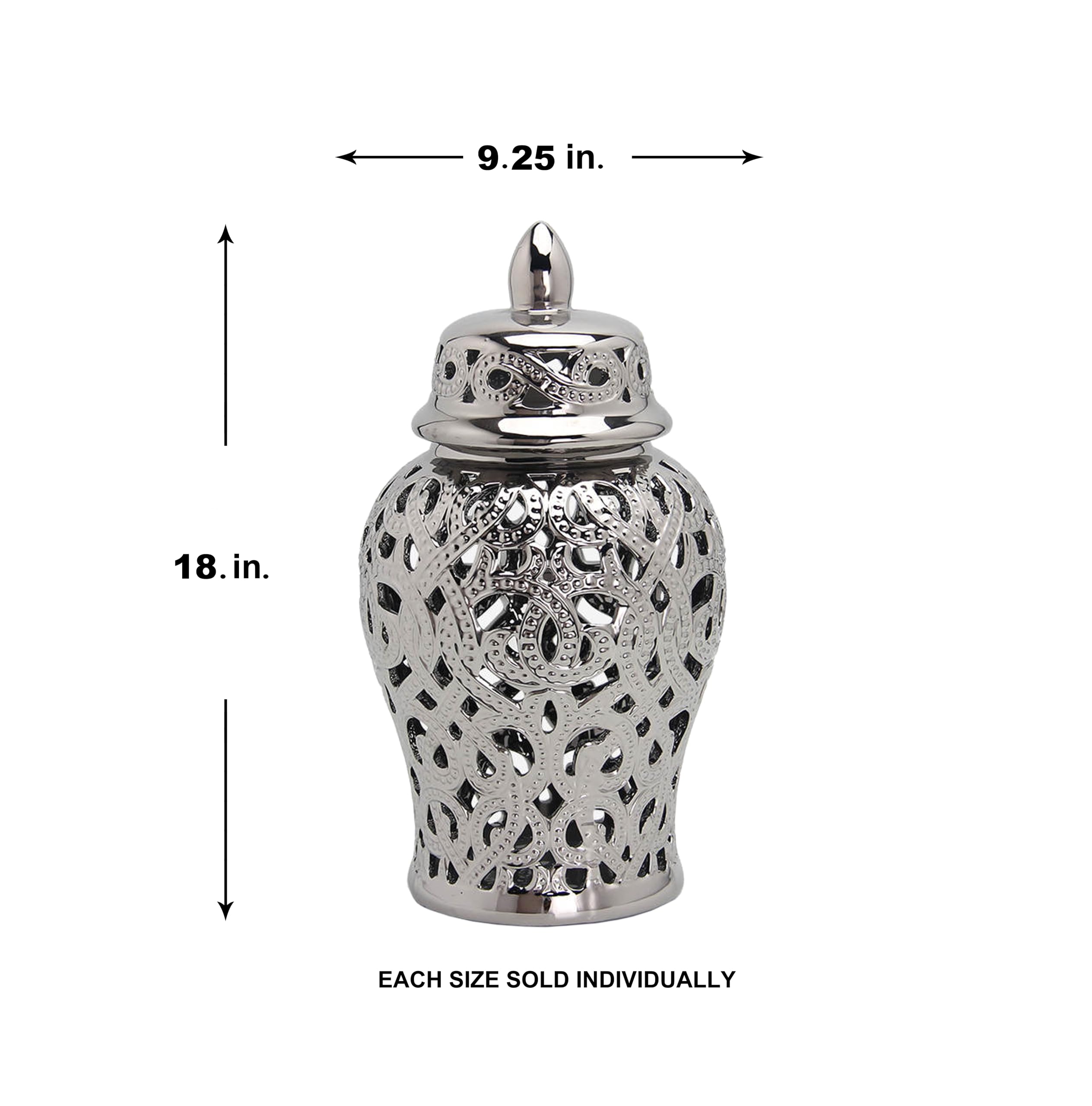 Noori Home - 100% Modern Glam Artisan Ceramic PARKER Medium Silver Ginger Jar Urns with Lid - 9.25x9.25x18 Inches - Elegant Home Decor for Living Room, Bedroom, Office & Wedding Centerpieces