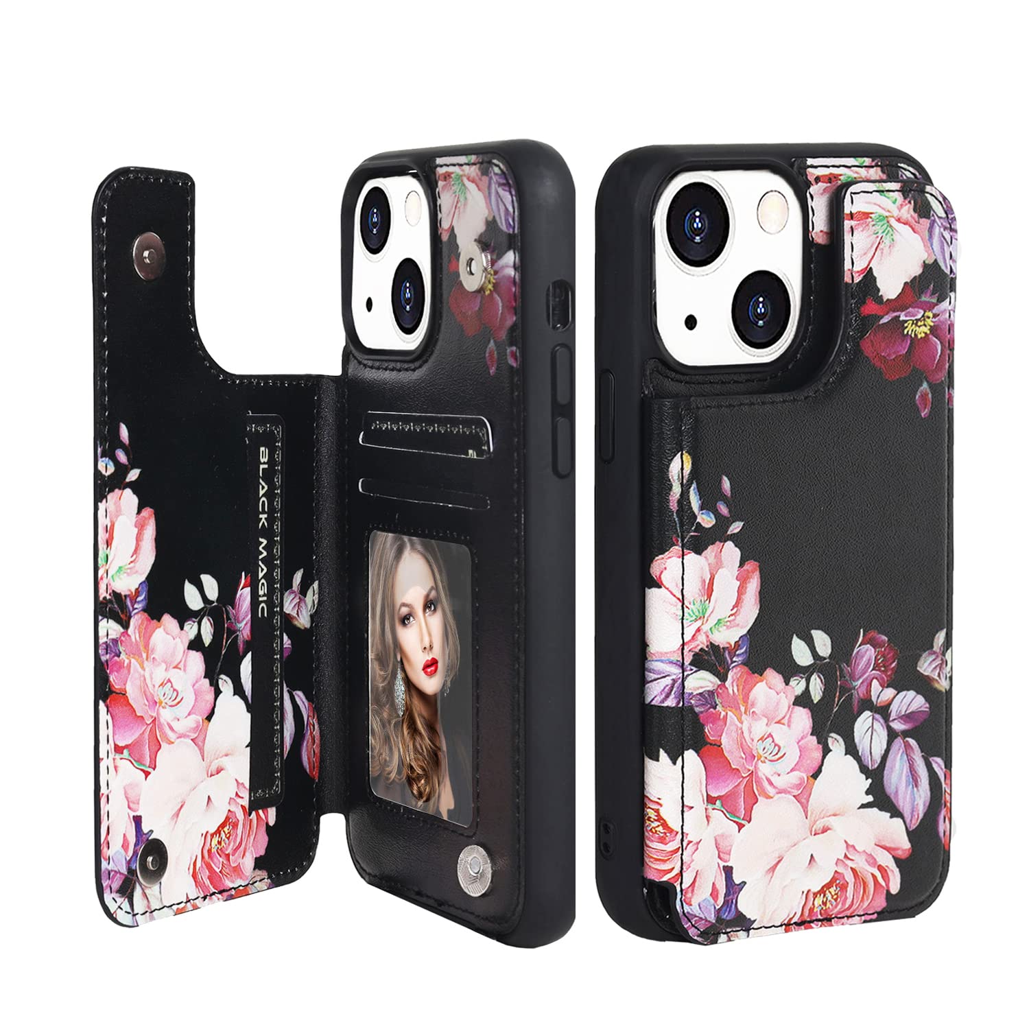 Premium Leather iPhone 13 Case with Floral Design - Women's Wallet Flip Cover with Card Holder, Durable Protection & Stylish Floral Pattern (Black Flowers) - Perfect Gift for Women & Girls, Ideal for Daily Use & Travel