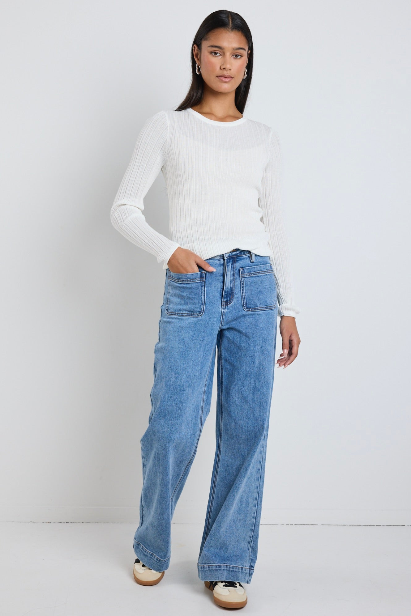 Fragment Ivory Sheer Long Sleeve Knit Top for Women - Elegant Lace Detail Blouse for Casual Wear, Office, and Date Nights