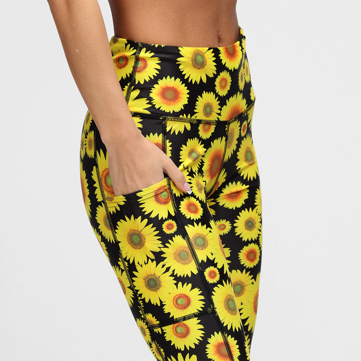 Sunflower Print Capri Pants for Women - Floral Summer Yoga Pants with Pockets - Perfect for Yoga, Running, Travel & Casual Wear