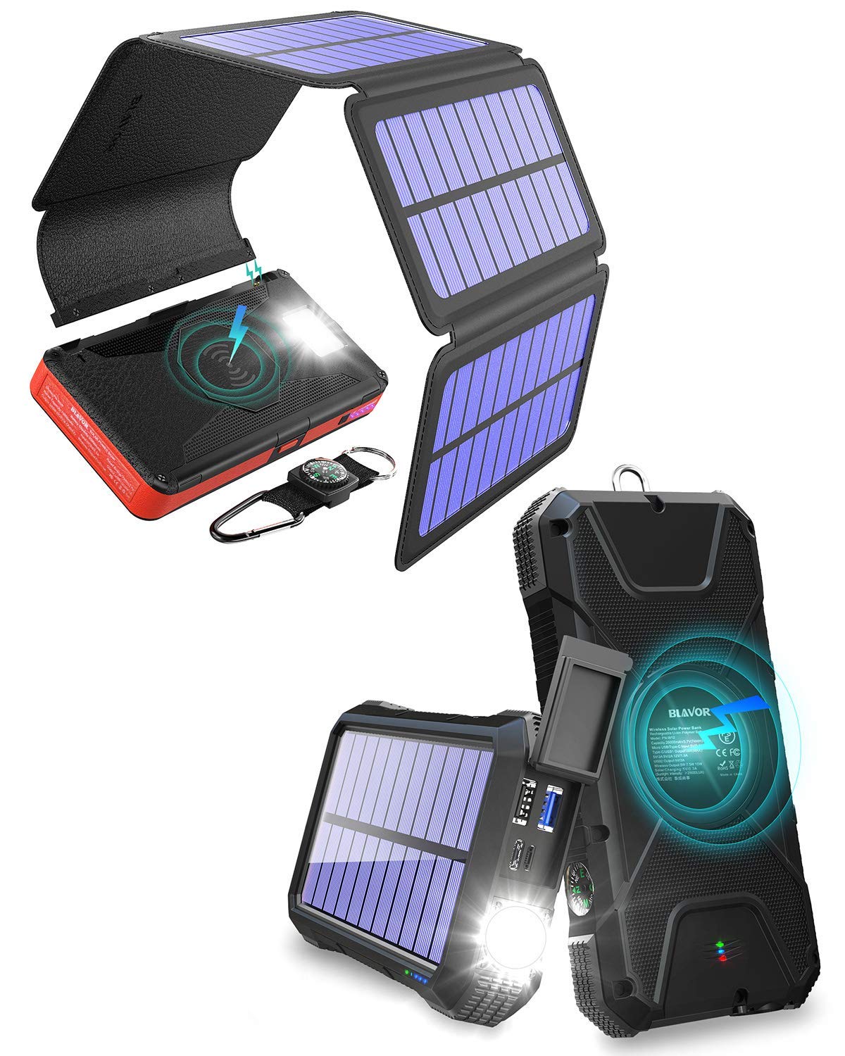 20,000mAh Solar Power Bank with PD Fast Charging & Wireless Charging | Detachable Solar Panels | Portable Charger for iPhone, Android, Camping, Hiking & Emergency Power Backup (Black & Red)
