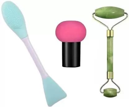 Extra Soft Silicone Face Scrubber with Mushroom Puff & Jade Roller Set - 3-Piece Facial Cleansing & Massage Kit for Glowing Skin | Perfect for Daily Skincare Routine, Spa Treatment & Anti-Aging Care