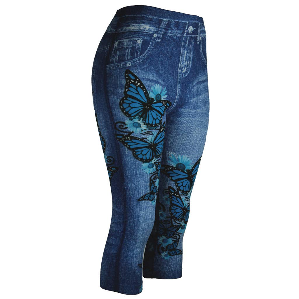 Women's Denim Printed Capri Leggings - Stretchy Skinny Jeggings Pull-On Pants | Casual Wear, Workout, Daily Outfits | 4th of July Sale & Clearance Deals