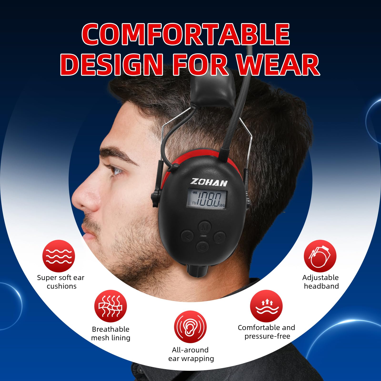 ZOHAN 033 Bluetooth AM/FM Radio Headphones with 2000mAh Rechargeable Battery, 25dB NRR Noise Cancelling Safety Earmuffs - Wireless Headphones for Construction, Shooting Range & Industrial Work Safety