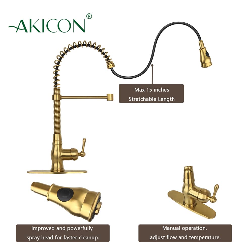 Akicon One-Handle Pull-Down Kitchen Faucet with Pre-Rinse Sprayer - High Arc Spring Spout for Modern Sink, Perfect for Washing Dishes, Filling Pots & Daily Kitchen Tasks