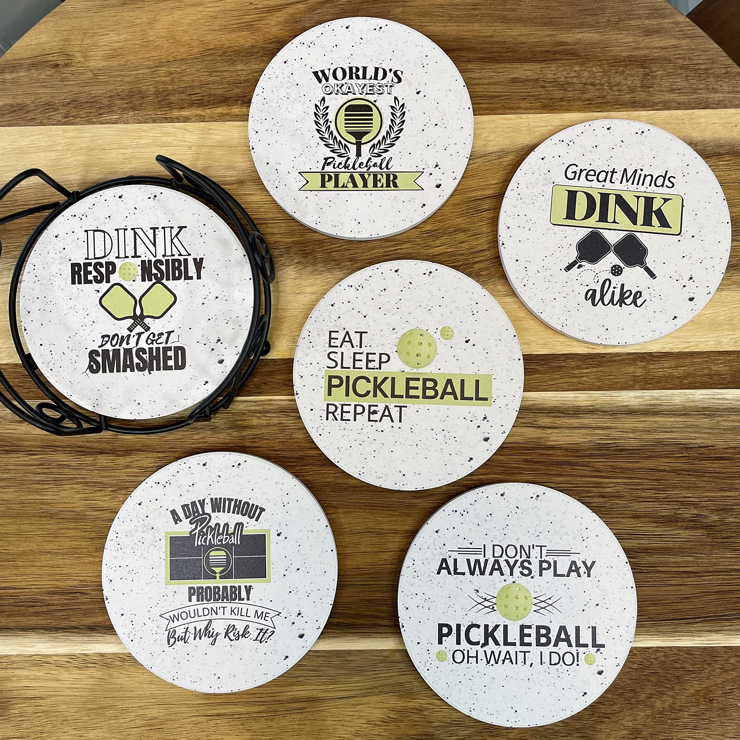 Premium Absorbent Ceramic Coasters Set of 6 with Metal Holder - Elegant Pickleball Gift for Women & Men - Includes Kraft Gift Box - Perfect for Home, Office & Sports Enthusiasts