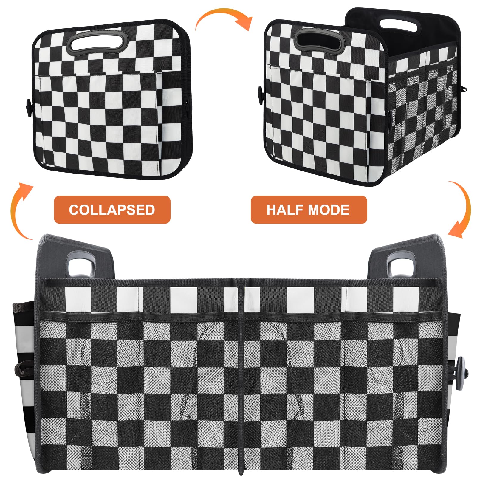 Collapsible Trunk Organizer for Car - Multi-Compartment Storage Accessory for SUV, Sedan & Minivan | Black Plaid Design | Perfect for Travel, Groceries & Road Trips