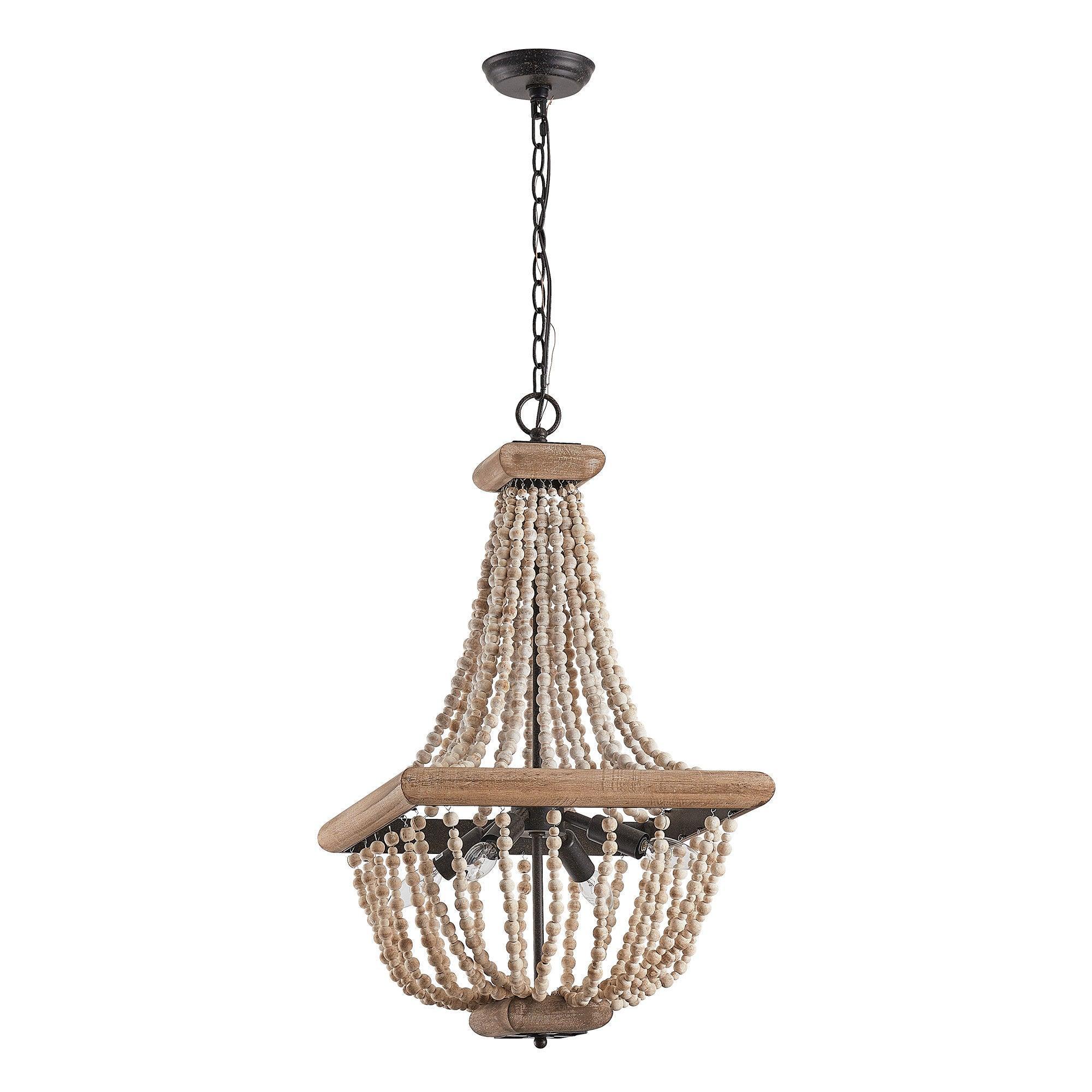 Regas 4-Light Wood Bead Candle Style Chandelier - Rustic Farmhouse Ceiling Light Fixture for Dining Room, Bedroom, or Living Room Decor