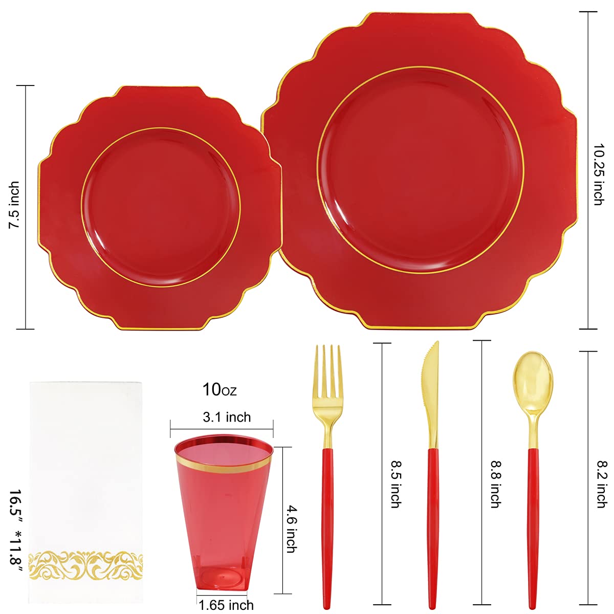 140-Piece Red and Gold Disposable Party Tableware Set - 40 Plastic Plates, 20 Cups, 20 Forks, 20 Knives, 20 Spoons & 20 Napkins for Weddings, Birthdays, Baby Showers & Holiday Gatherings - Elegant Dinnerware for Special Occasions