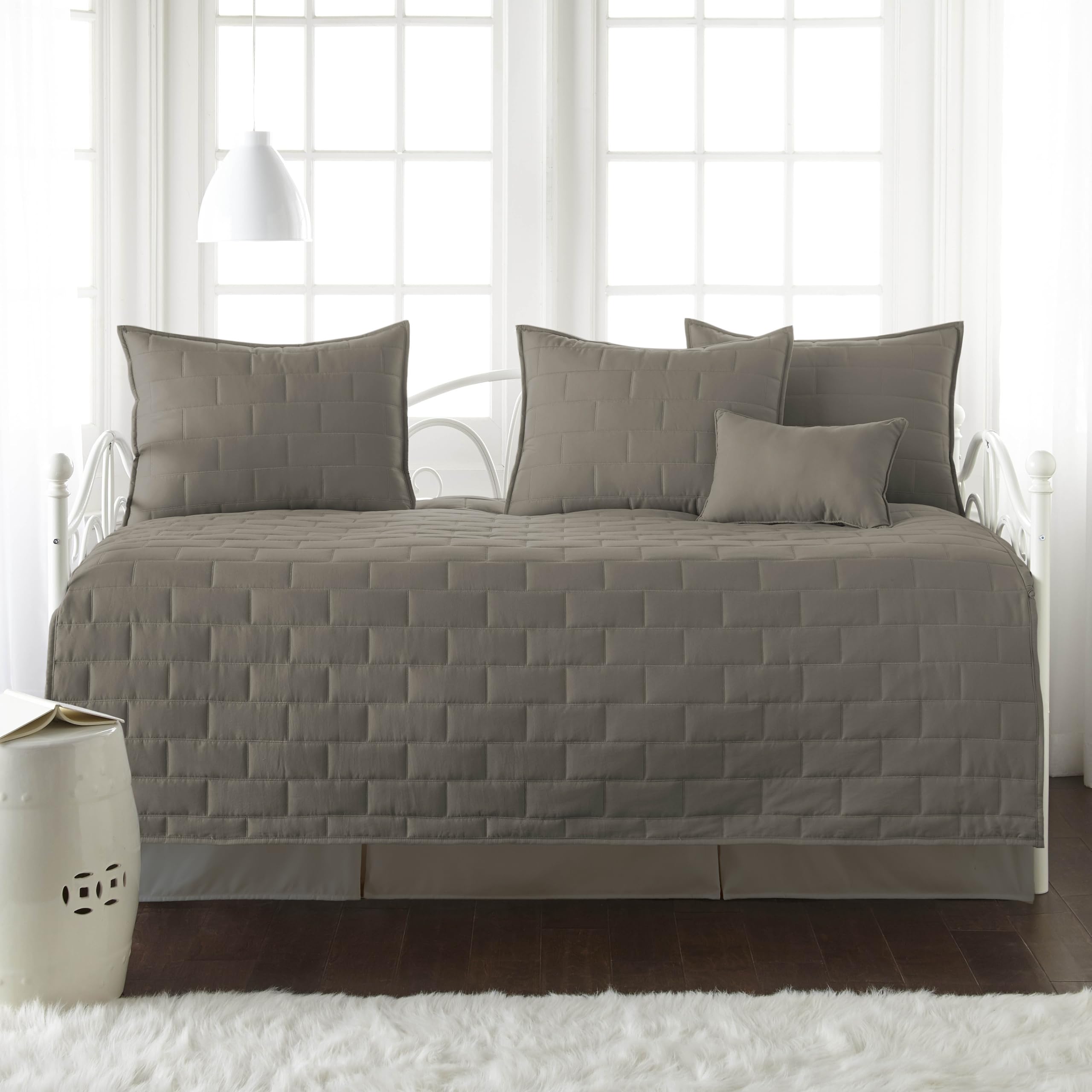 Southshore Fine Living 6-Piece Twin Daybed Comforter Set with Cover, 3 Pillow Shams, Bed Skirt & Throw Pillow - Brickyard Dark Taupe Quilt Set for Guest Room, Dorm or Small Space Bedding