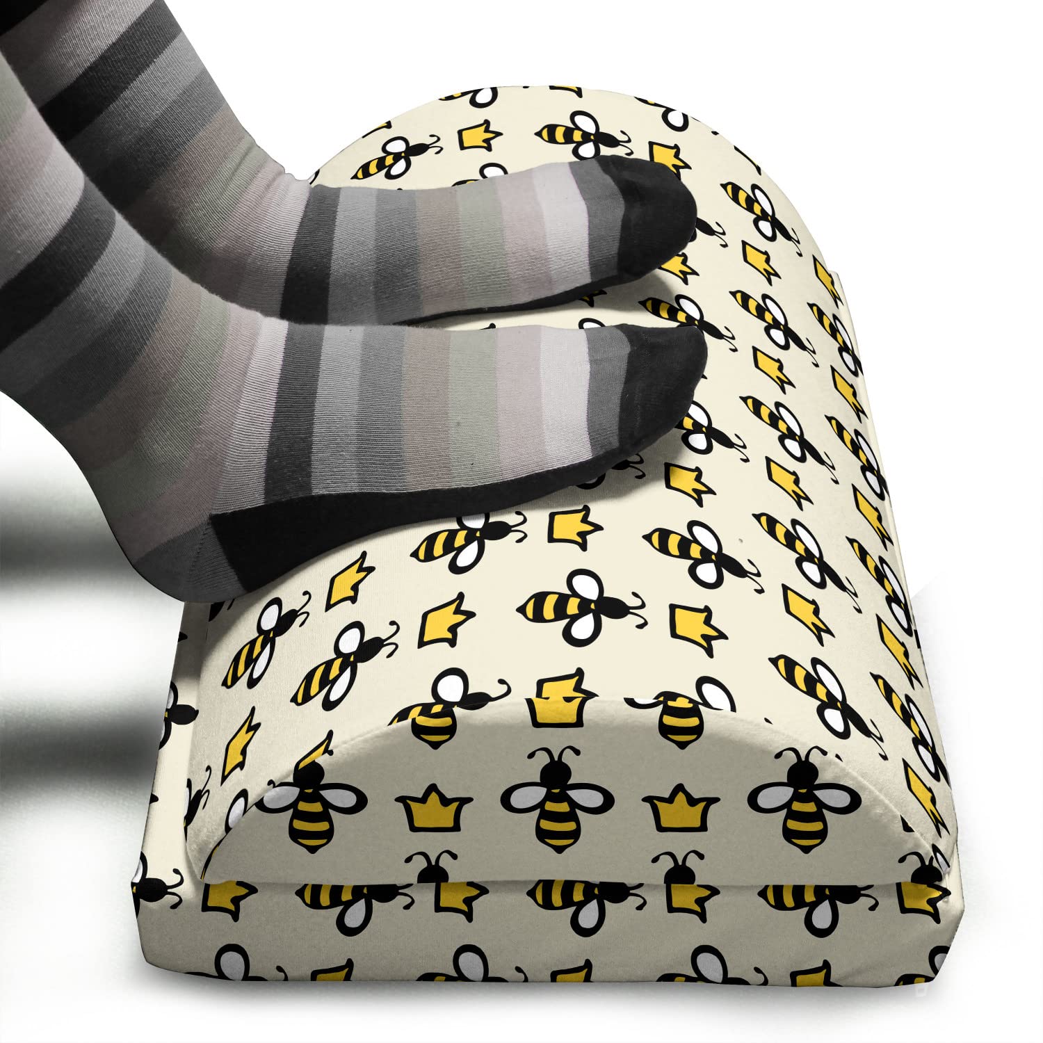 Ambesonne Queen Bee Foot Rest - Hand-Drawn Cartoon Bees & Crowns, Non-Slip Backing, Adjustable Ergonomic Memory Foam Leg Support for Office & Home - Eggshell Mustard Color - Perfect for Work, Gaming & Relaxation