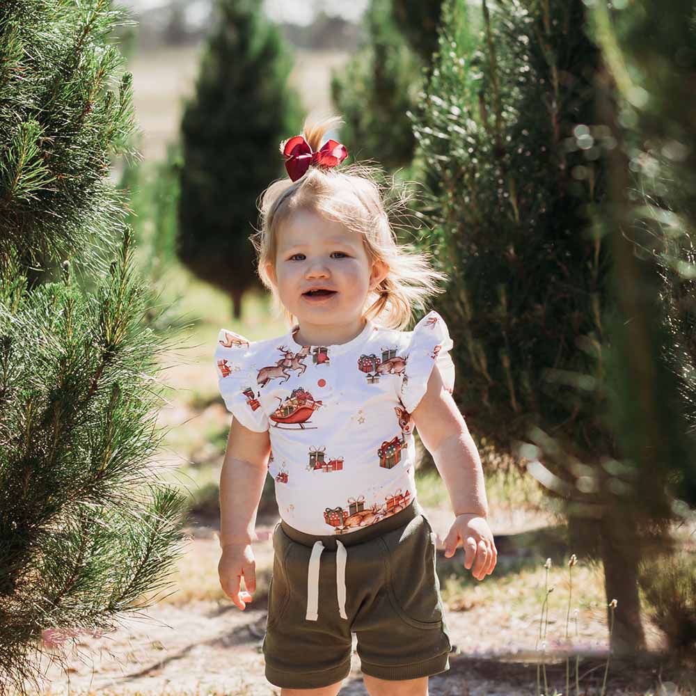Snuggle Hunny Organic Cotton Short Sleeve Frill Bodysuit with Reindeer Print - Soft Baby Onesie for Christmas & Winter Outfits