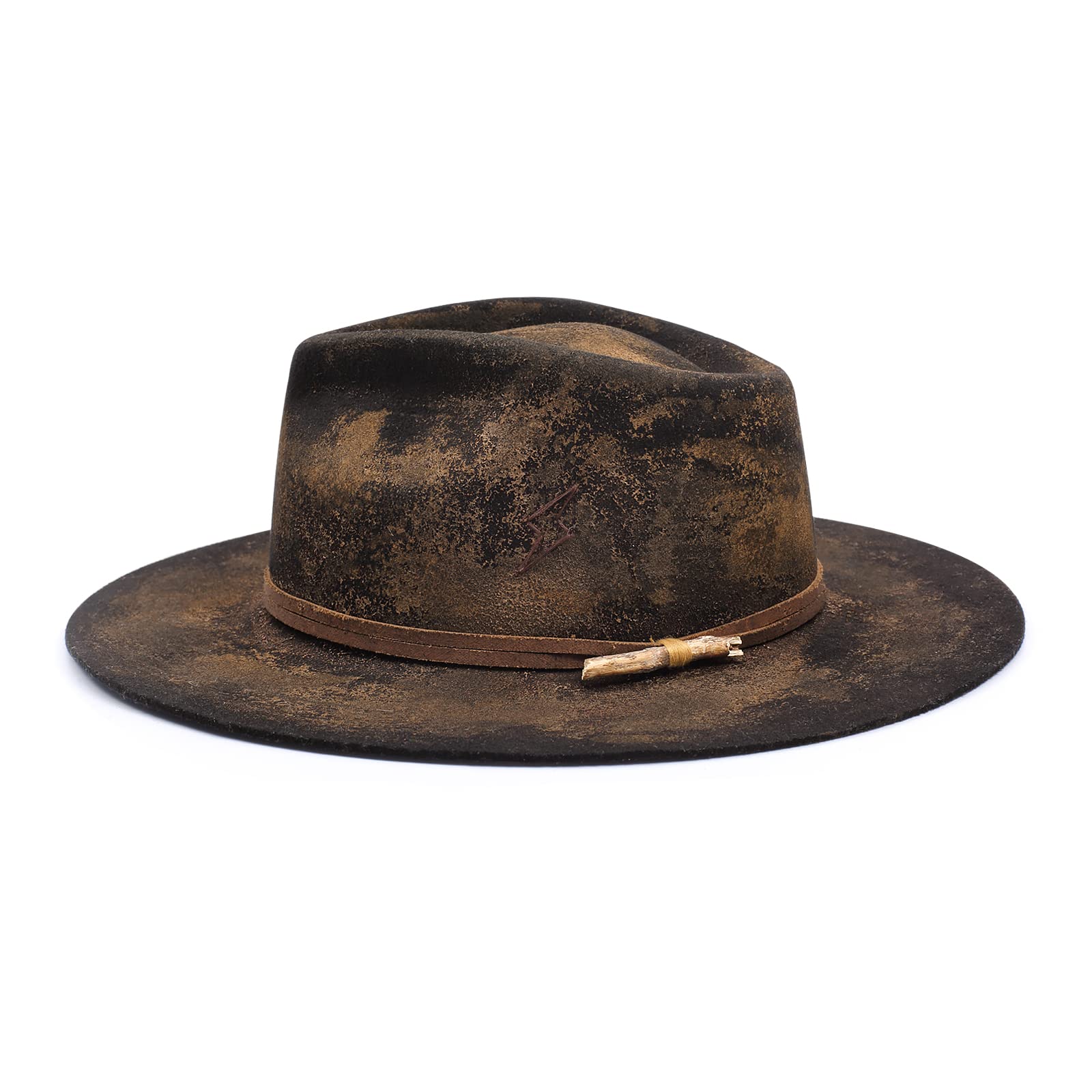 **Premium 100% Wool Felt Fedora Hat for Men & Women – Wide Brim Rancher Panama Hat with Distressed/Burned Lightning Logo – Handmade Vintage Style for Outdoor, Travel & Fashion**