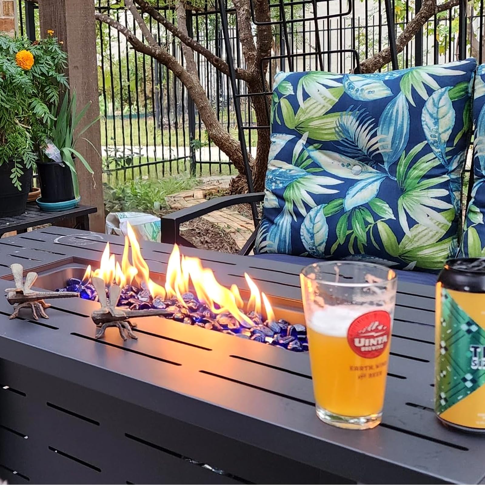 R.W.FLAME 43-inch Rectangular Propane Fire Pit Table with Glass Stones - 50,000 BTU Outdoor Fire Pit for Patio, Backyard, Picnic & Camping - Durable Metal Firepit (No Windscreen Included)