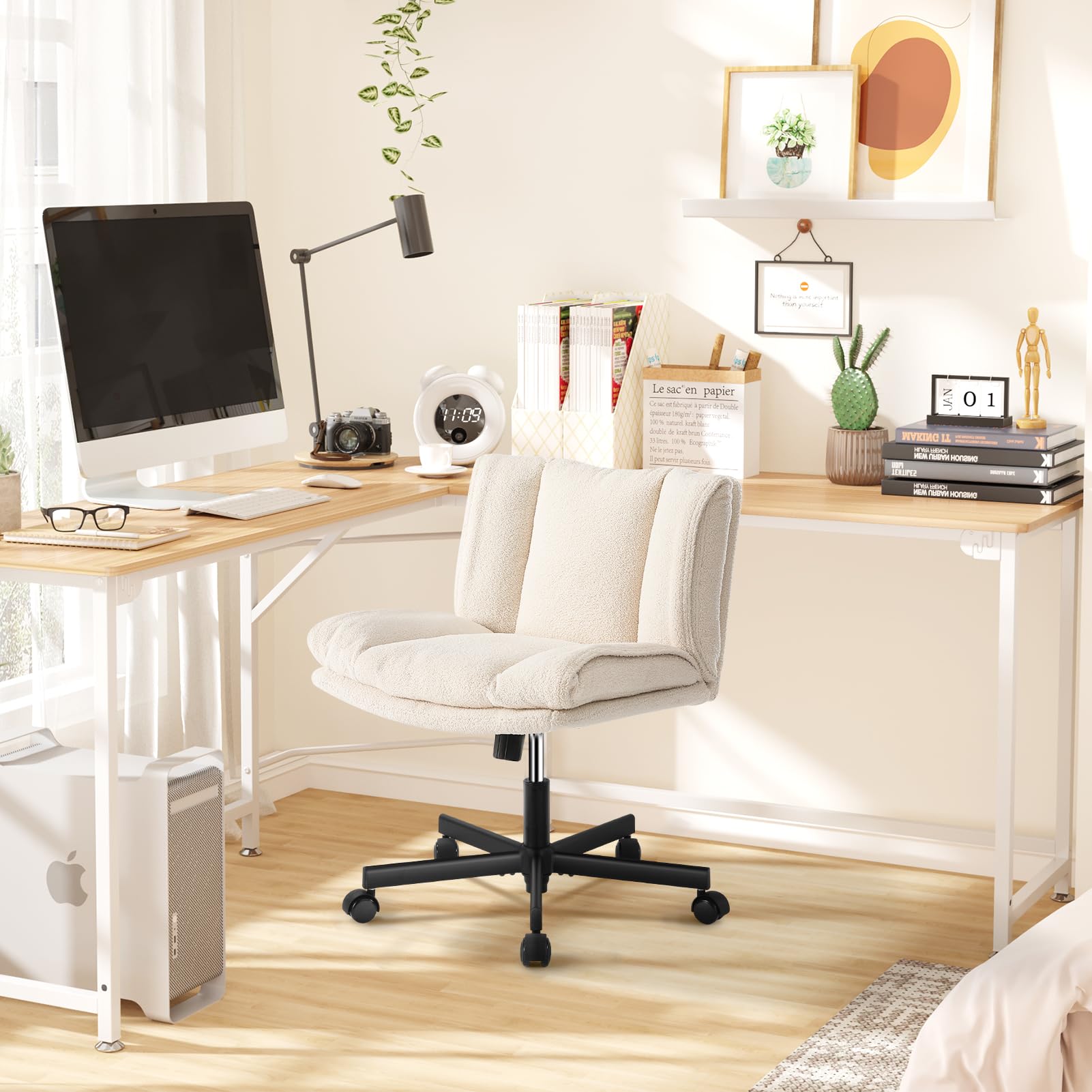 LEAGOO Criss Cross Chair with Wheels - Furry Armless Desk Chair, Comfy Wide Seat Cross Legged Office Chair - Height Adjustable Swivel Vanity Chair for Home Office, Makeup, Gaming & Reading - Cream White
