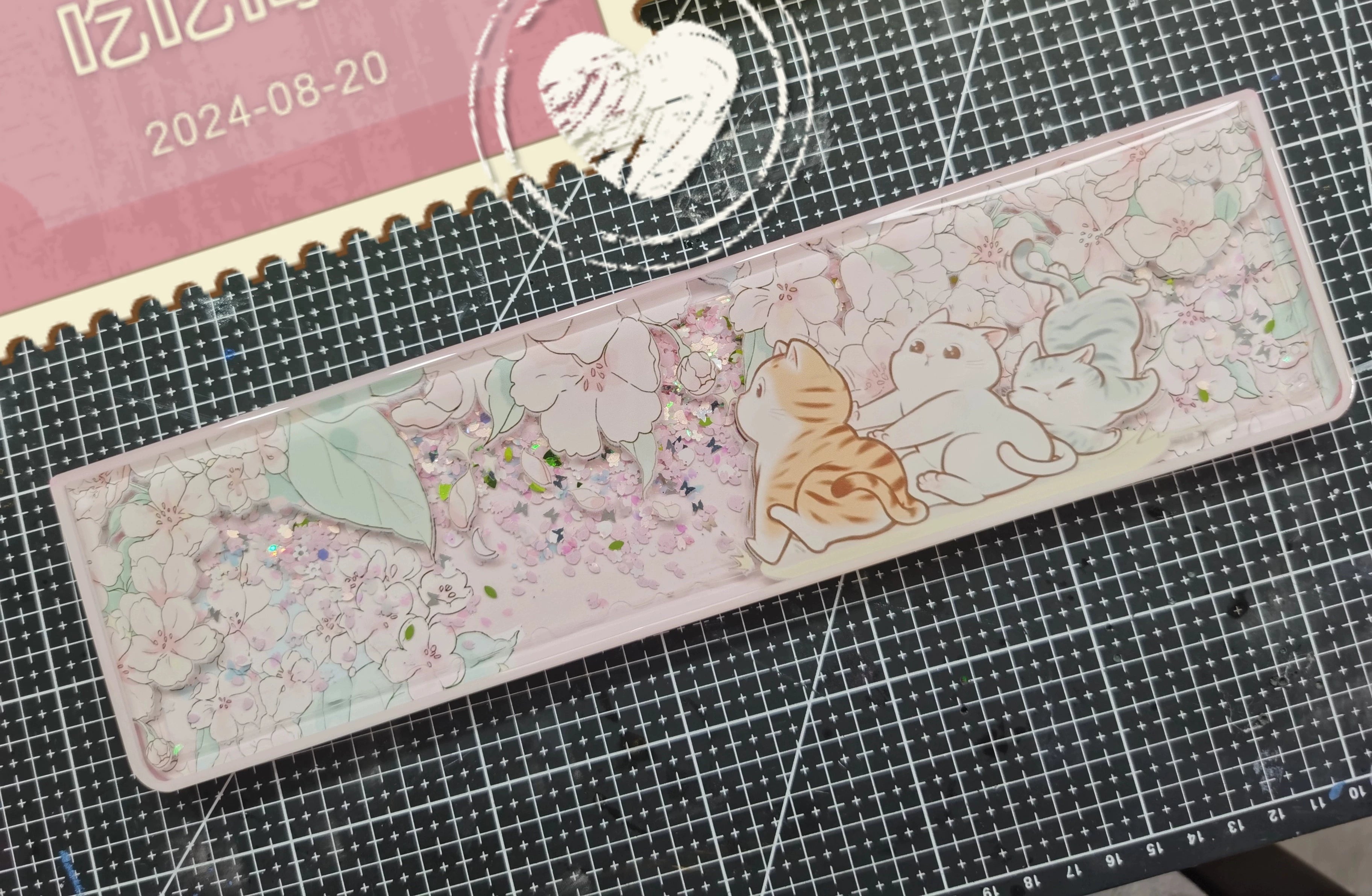Pink Cherry Blossom Cat Flowing Sand Resin Keyboard Wrist Rest - Handmade Custom Ergonomic Keyboard Accessory for Typing Comfort & Gaming Support - Perfect for Office, Home & Gaming Setups