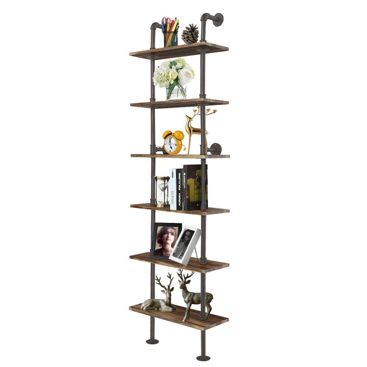 Vintage Industrial 6-Shelf Pipe Shelving Unit - Brown Metal Wall Shelf for Plants, Shoes, Books | Garage Storage, Closet Organization & Home Decor