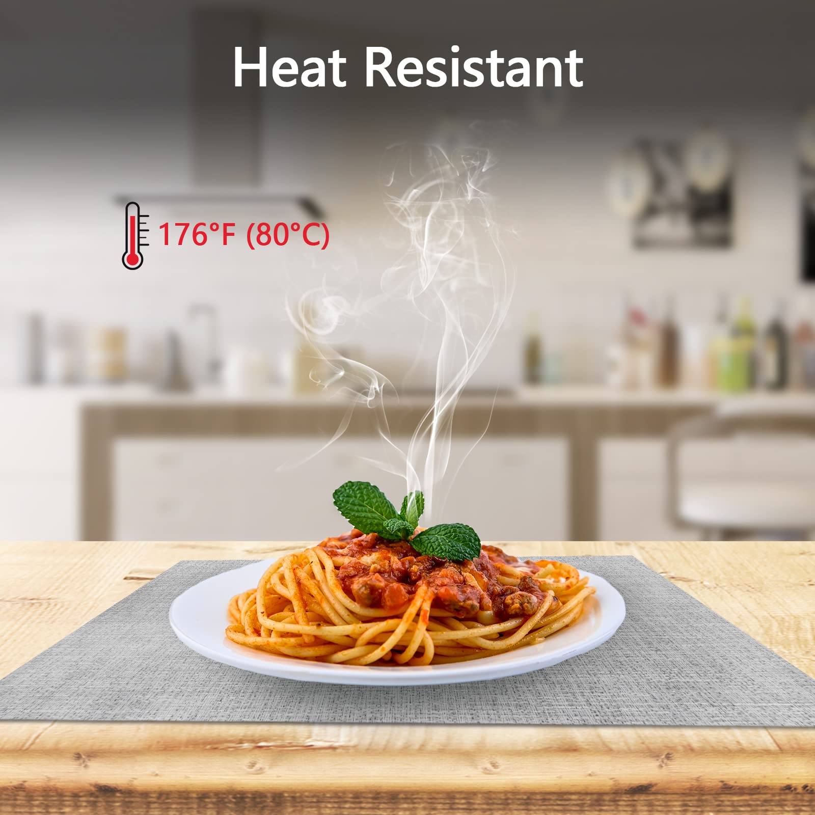 4-Pack Woven Vinyl Placemats for Dining Table - Waterproof & Washable Indoor/Outdoor Placemat Set (Smoky Grey) - Perfect for Kitchen, Patio, Picnic & Daily Use