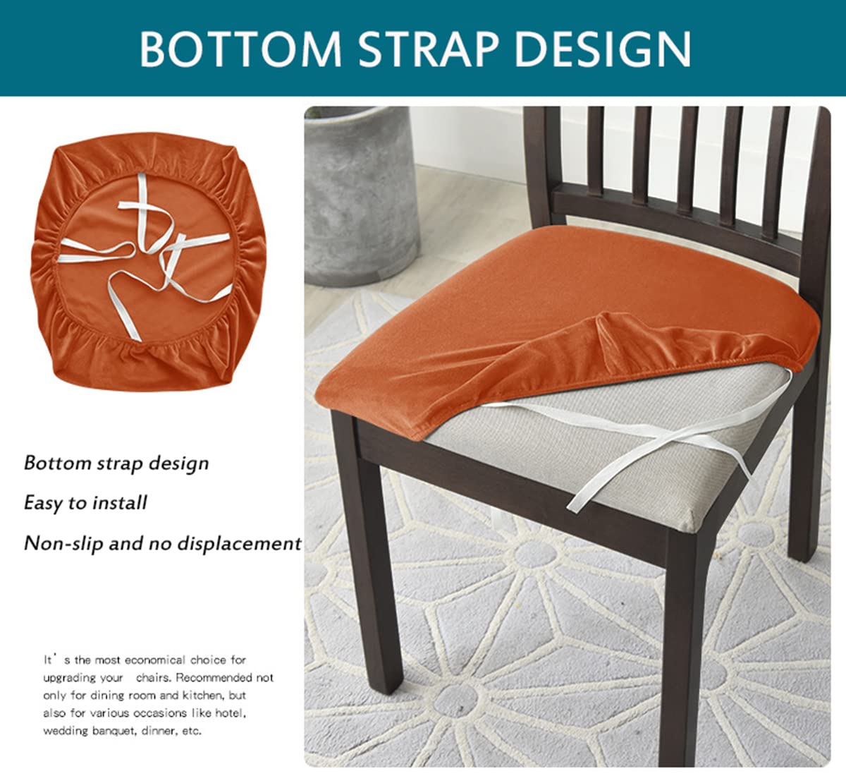 Velvet Stretch Chair Seat Covers - Soft Washable Dining Chair Protectors with Adjustable Straps (Rose Red, 2-Pack) | Perfect for Kitchen, Dining Room & Home Decor