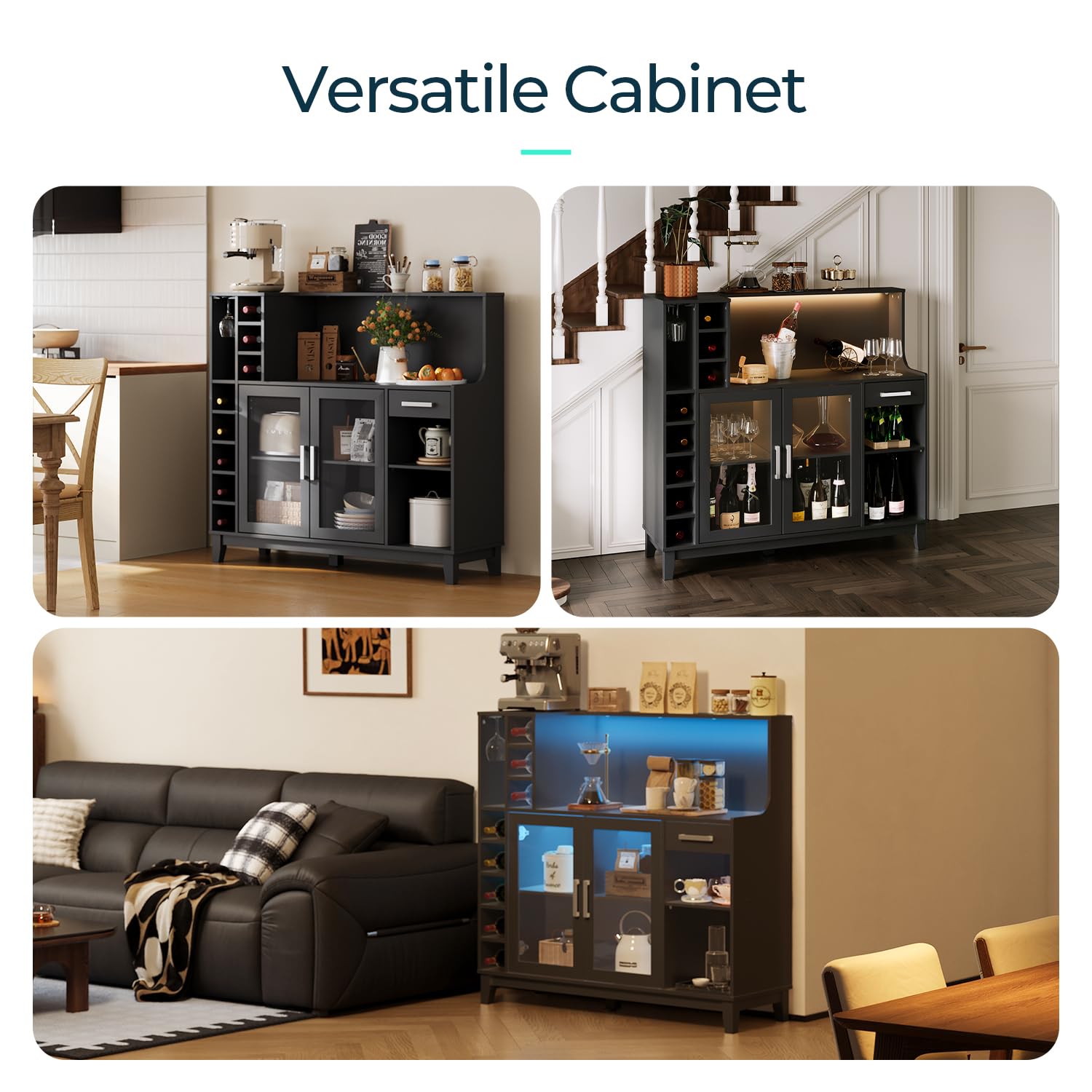 Modern Wine Bar Cabinet with LED Lights - LINSY HOME Liquor Storage with Wine & Glass Rack, Coffee Bar Cabinet with Drawers - Buffet Sideboard for Living Room & Dining Room (Black) | Perfect for Home Entertaining, Wine Storage & Stylish Kitchen Organization