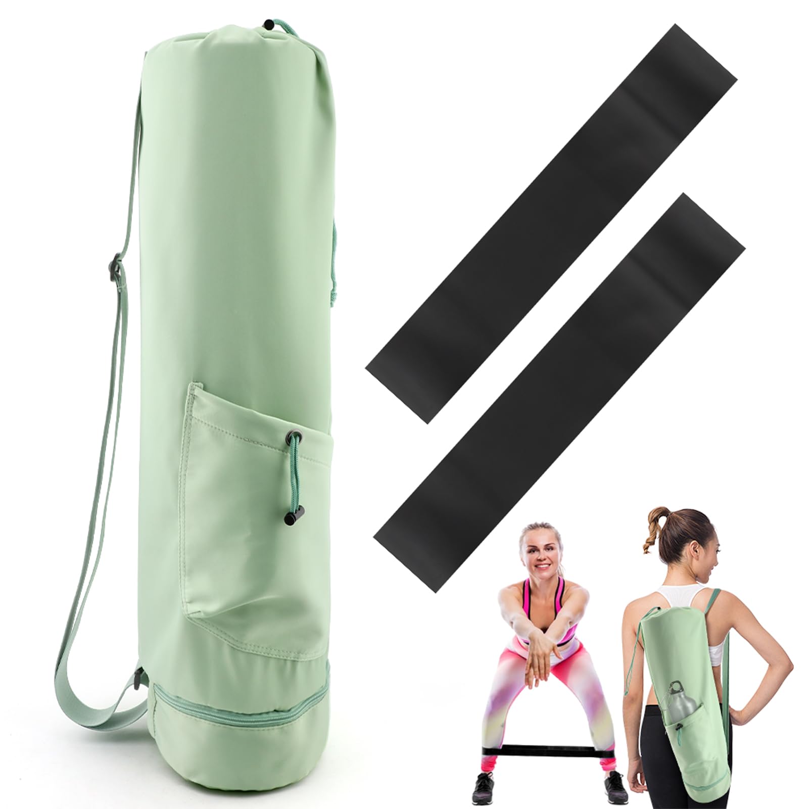 Premium Yoga Mat Bag with 2 Resistance Bands - Multi-Functional Exercise Mat Carrier for Gym, Travel & Outdoor Activities - Green Yoga Backpack with Storage Pockets for Yoga Class, Beach & Park Workouts