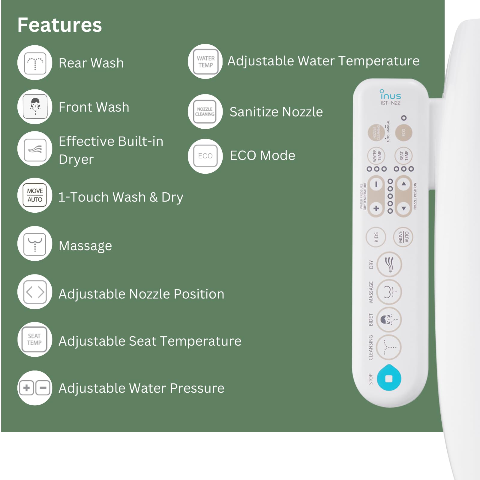Premium Inus N22 Smart Bidet Toilet Seat - Electric Heated Elongated Toilet Seat with Warm Water, Air Dryer & Self-Cleaning | Tankless Design, Smart Touch Panel, Temperature Control & Kids Mode | Perfect for Modern Bathrooms, Elderly Care & Family Homes