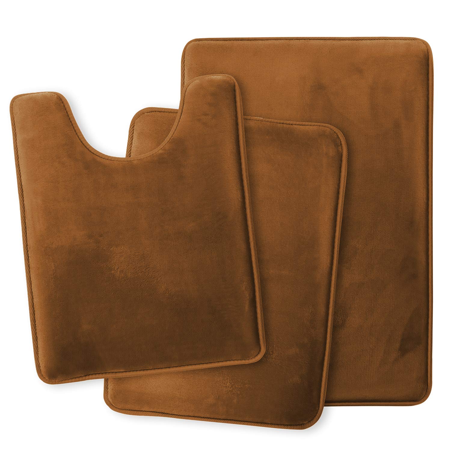 Clara Clark Memory Foam Bath Mat Set - 3 Piece Non-Slip Absorbent Velvet Bathroom Rugs (20x32, 17x24, 19x24) - Fast Drying, Soft & Plush for Bathroom, Shower & Vanity Area - Brown Luxury Contour Mats Set
