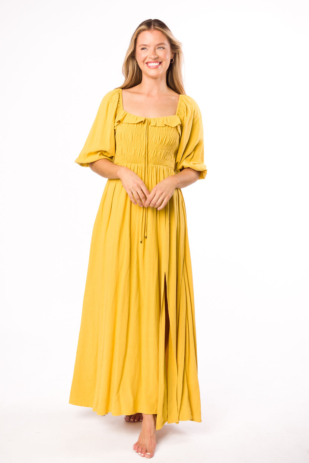 Devon Smocked Maternity Maxi Dress in Mustard Yellow - Bump Friendly Flowy Summer Dress for Pregnancy, Beach & Special Occasions
