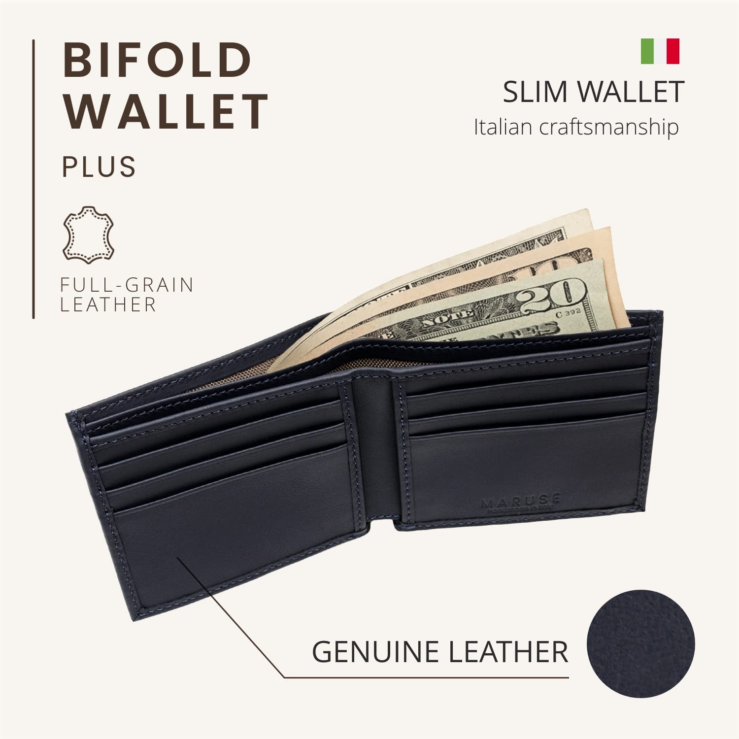Premium Italian Leather Bifold Wallet for Men - Slim & Minimalist Genuine Calf Leather Wallet with Multiple Pockets - Navy Blue - Perfect Gift for Business, Travel & Everyday Use