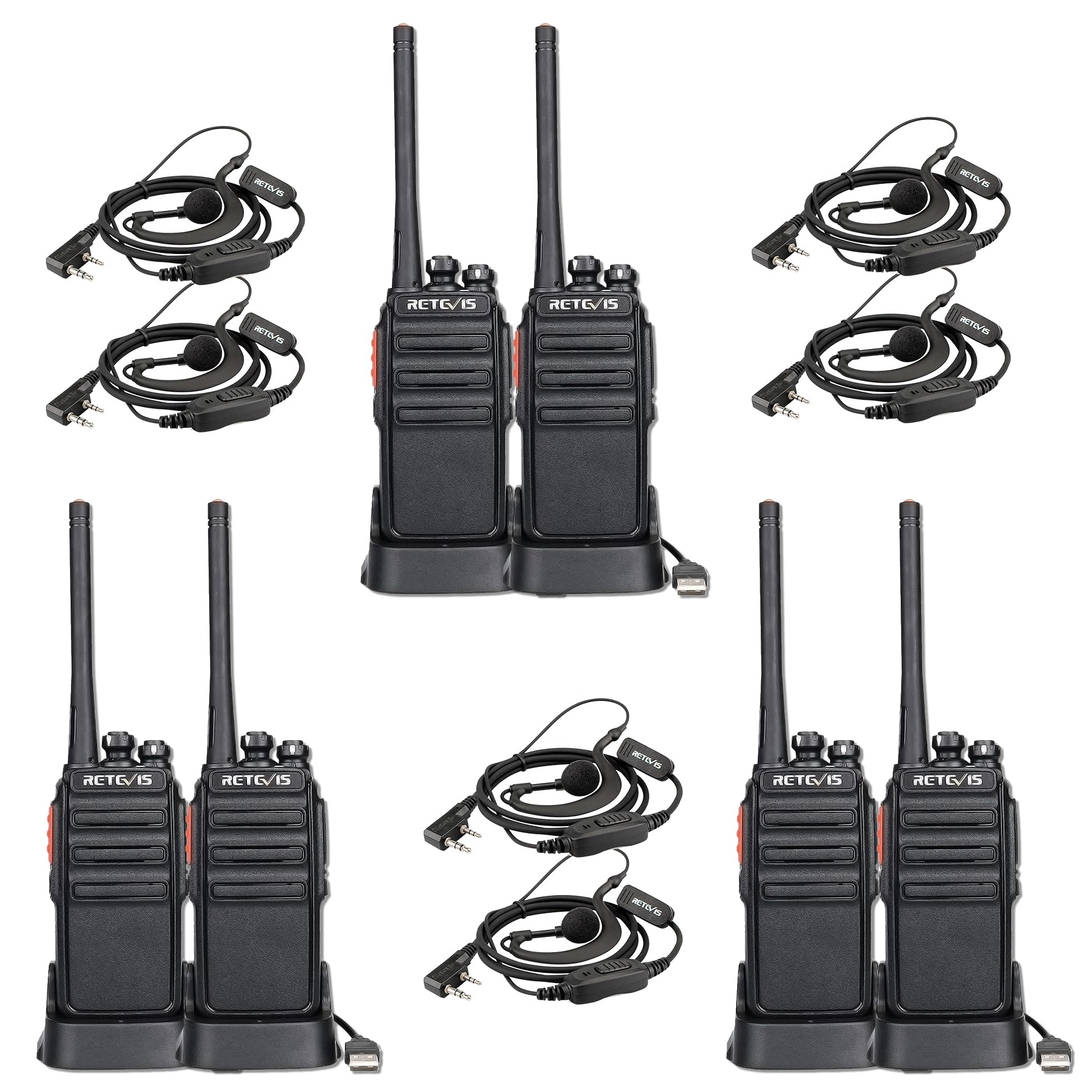 Retevis RT24 2-Way Radio Walkie Talkies - Long Range PMR446 with Loud Audio, 16 Channels & 10-Hour Battery Life - Rechargeable with USB Charging Base & 6 Earpieces (6 Pack) - Ideal for School, Retail Store, Construction & Outdoor Activities