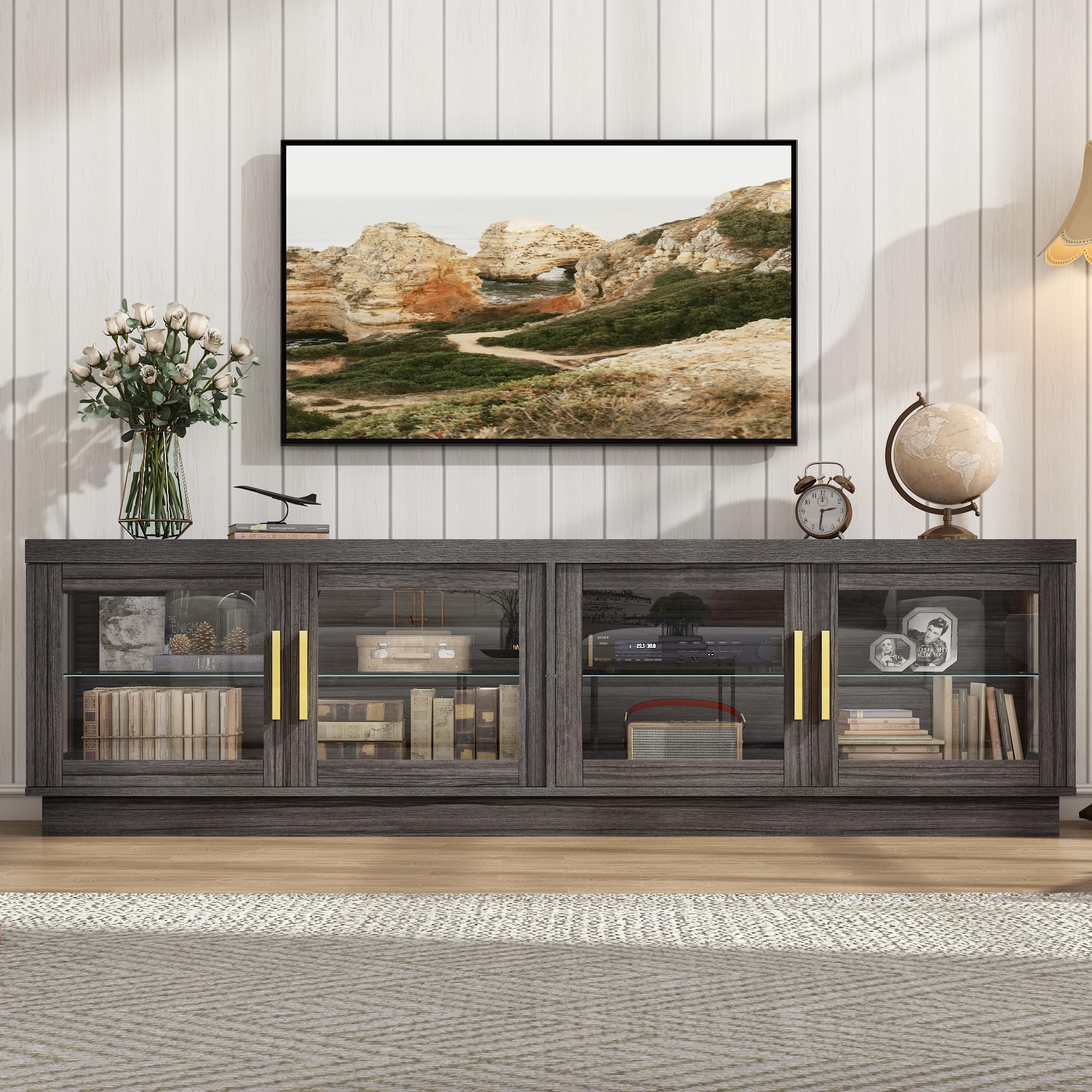 71IN Rustic Wood TV Stand for 85/80/75 Inch TVs - Farmhouse Style Entertainment Center with Storage Cabinet & Glass Doors - Perfect for Living Room, Home Theater & Media Room Setup