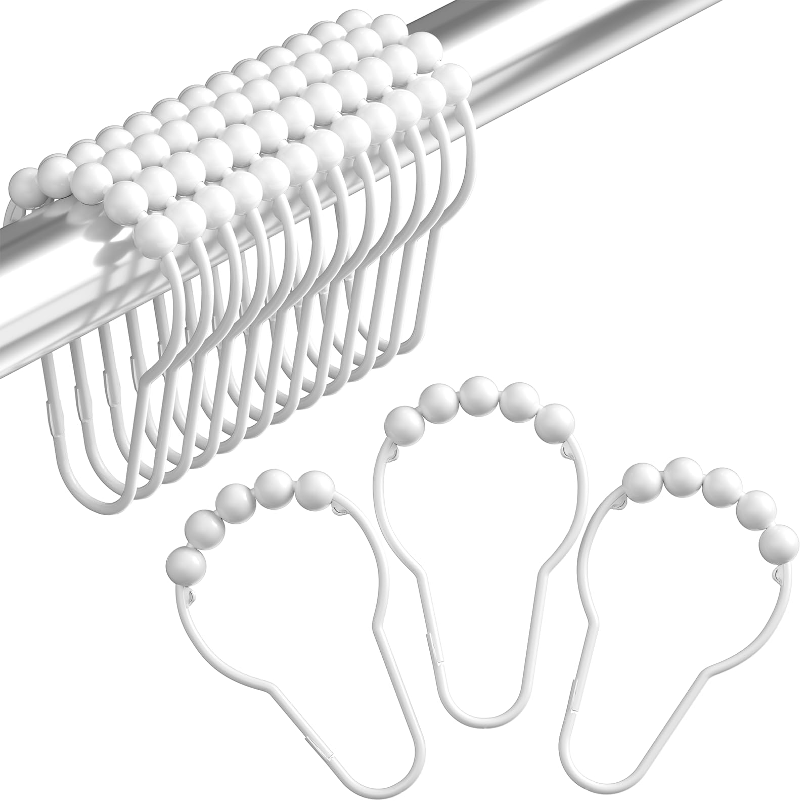 Amazer 12-Pack Rust-Resistant Stainless Steel Shower Curtain Hooks - Decorative Bathroom Hooks for Shower Rods, Polished White Finish - Perfect for Bathroom, Spa, and Hotel Decor
